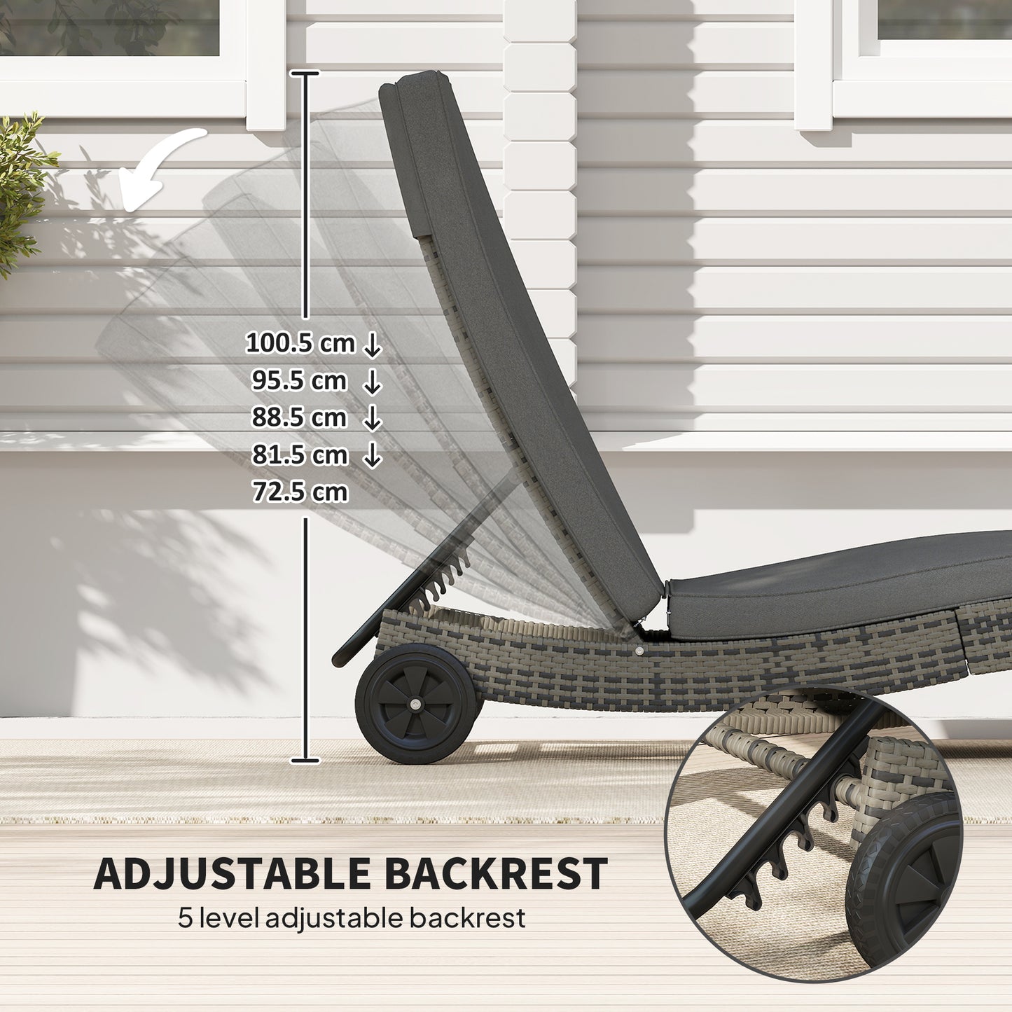 Outsunny Patio Wicker Chaise Lounge Chair Outdoor PE Rattan Sun Lounger With Adjustable Backrest And Wheels Dark Grey