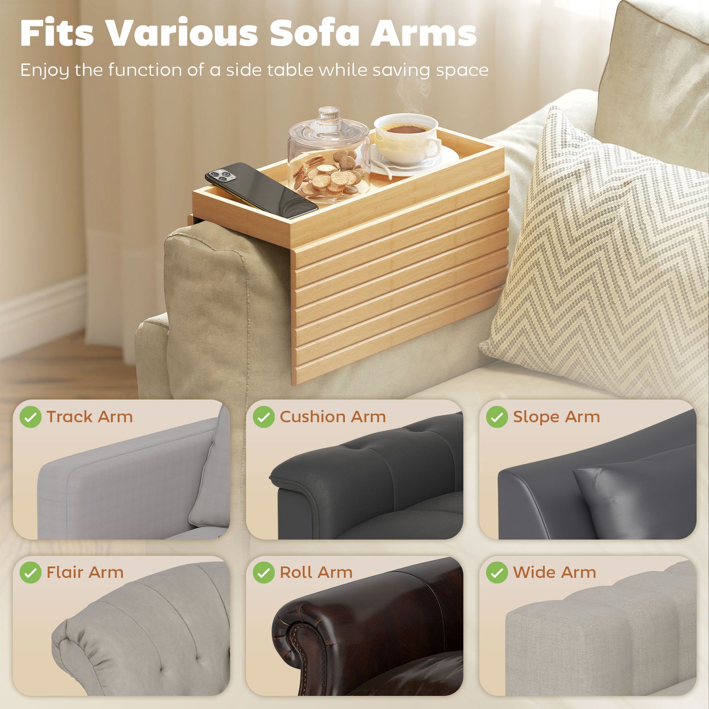 HOMCOM Bamboo Sofa Arm Tray Foldable Anti Slip Armrest Tray For Drinks And Snacks Natural Wood Finish