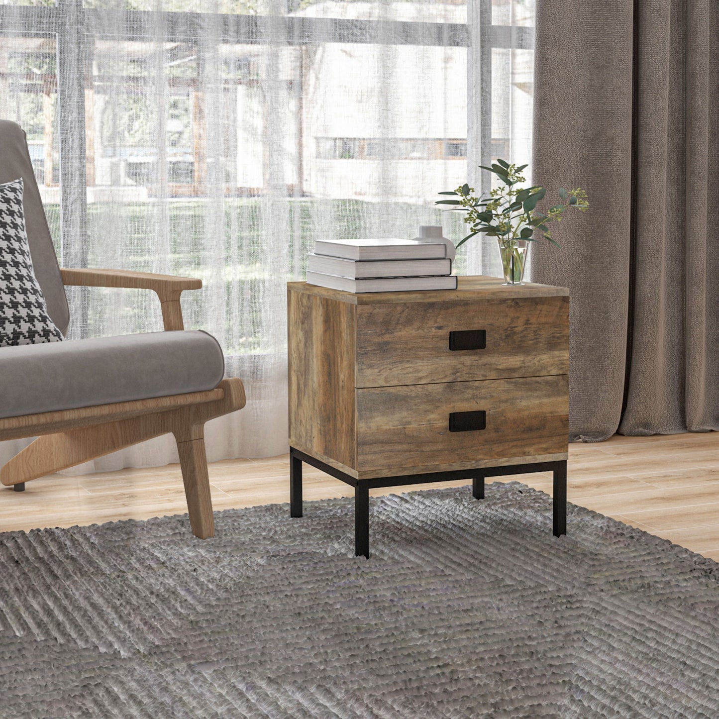 HOMCOM Rustic Wood Effect Chest Of Drawers And Nightstand Set With Four Drawers And Two Drawers Black Metal Frame