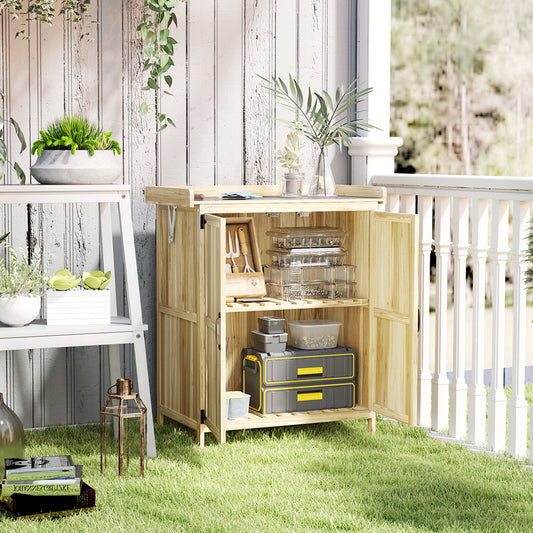 Outsunny Fir Wood Shed With Metal Worktop And Easy Open Hinged Roof 43 x 74cm Natural Finish