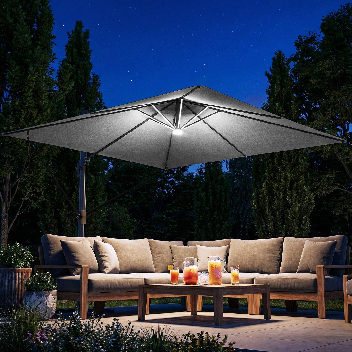 Outsunny 3m x 3m Cantilever Garden Parasol With Light And Cover, Wind Protection, 360 Degree Rotation, Grey
