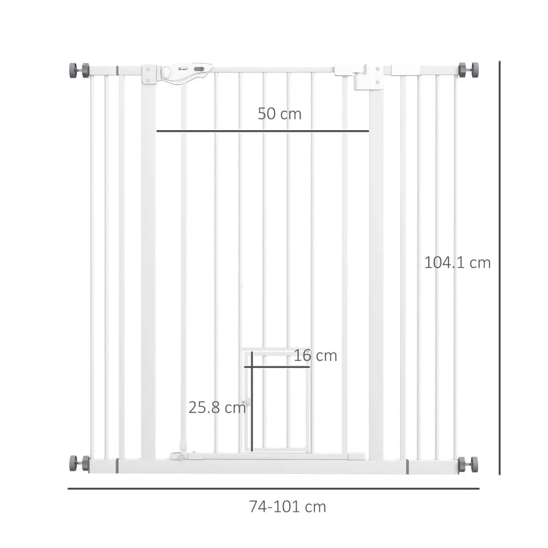 PawHut Extra Tall Pet Gate with Cat Flap, Indoor Safety Gate for Dogs, Auto-Close, Adjustable Width 74-101cm - White - ALL4U RETAILER LTD