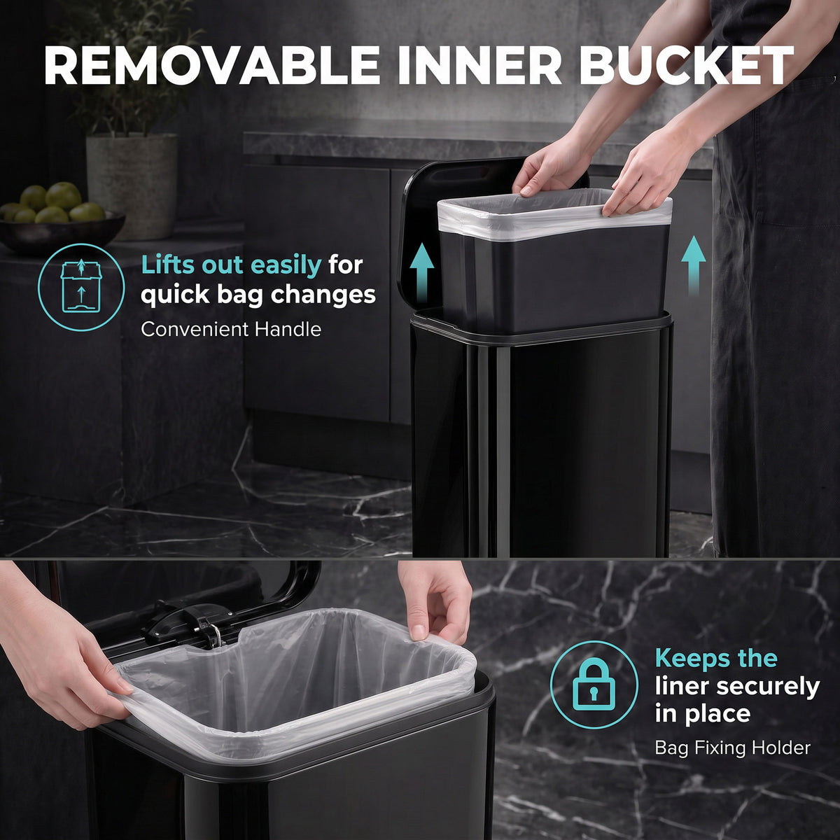 20L kitchen pedal bin with removable inner bucket, liner being lifted, dark finish