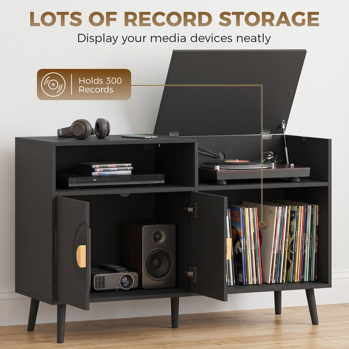 HOMCOM Record Player Stand with Vinyl Storage for 300 Albums and Flip Top