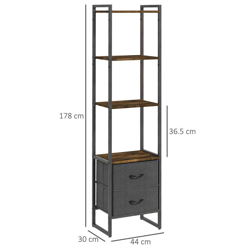 HOMCOM Industrial Bookcase - 4-Tier Storage Shelf with 2 Fabric Drawers and Metal Frame, Rustic Brown, for Living Room or Bedroom - ALL4U RETAILER LTD