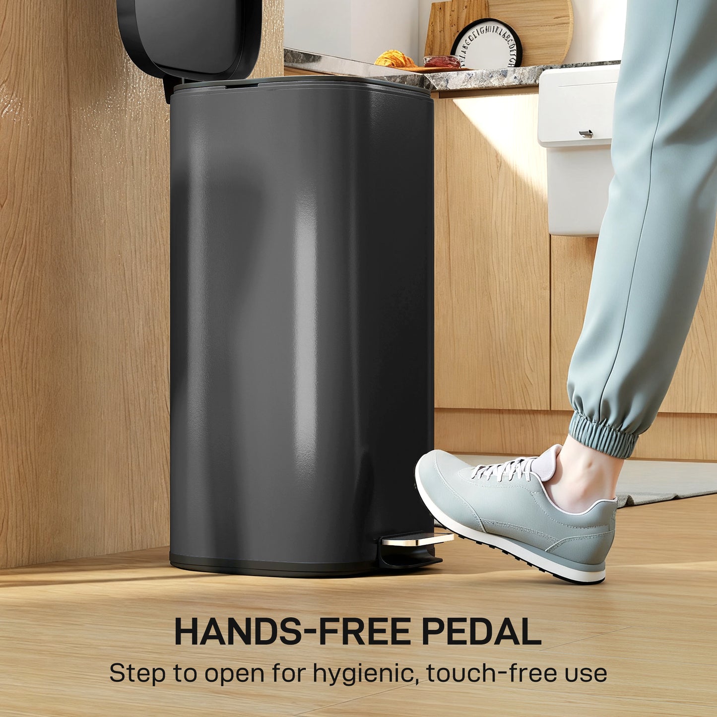 HOMCOM 30L Kitchen Bin with Pedal Soft Close Stay Open Lid Removable Inner Bucket Black
