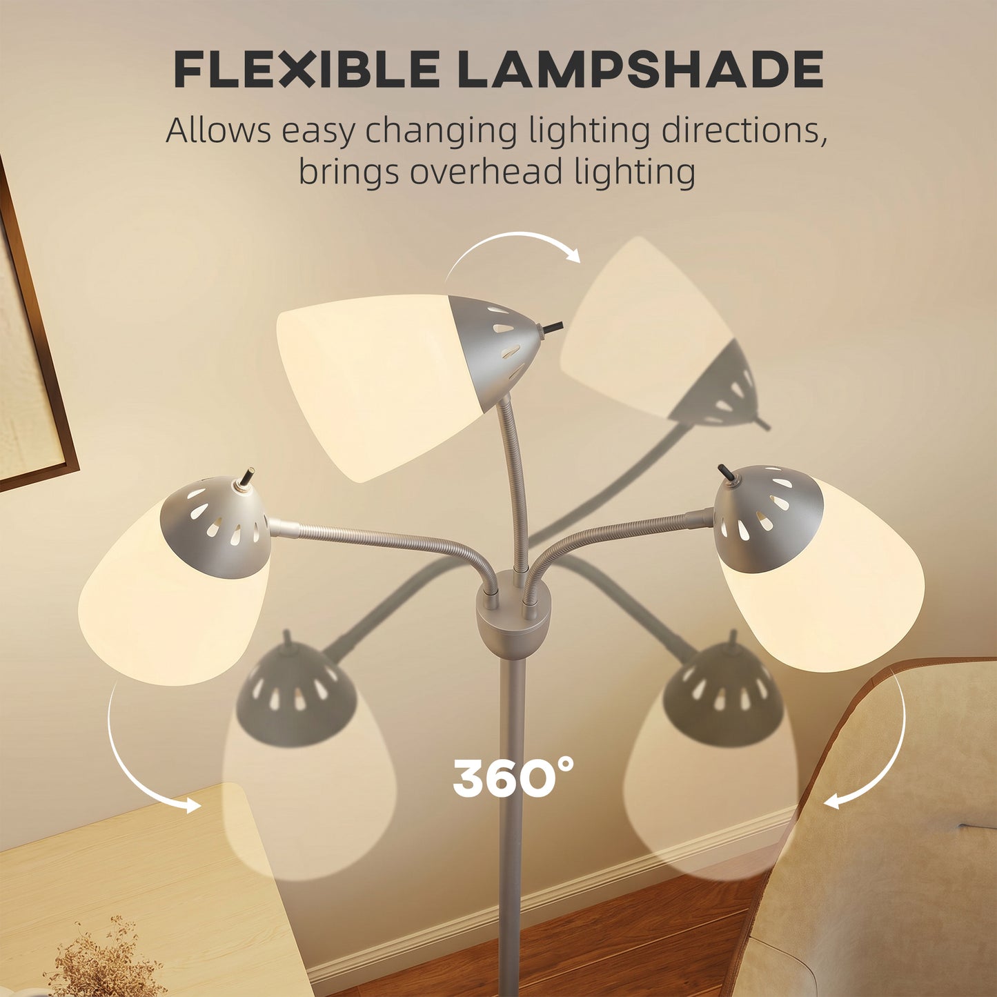 HOMCOM Arc Tree Floor Lamp With Three Adjustable Rotating Lights And Color Temperatures 3000K 4500K 6500K Silver Tone