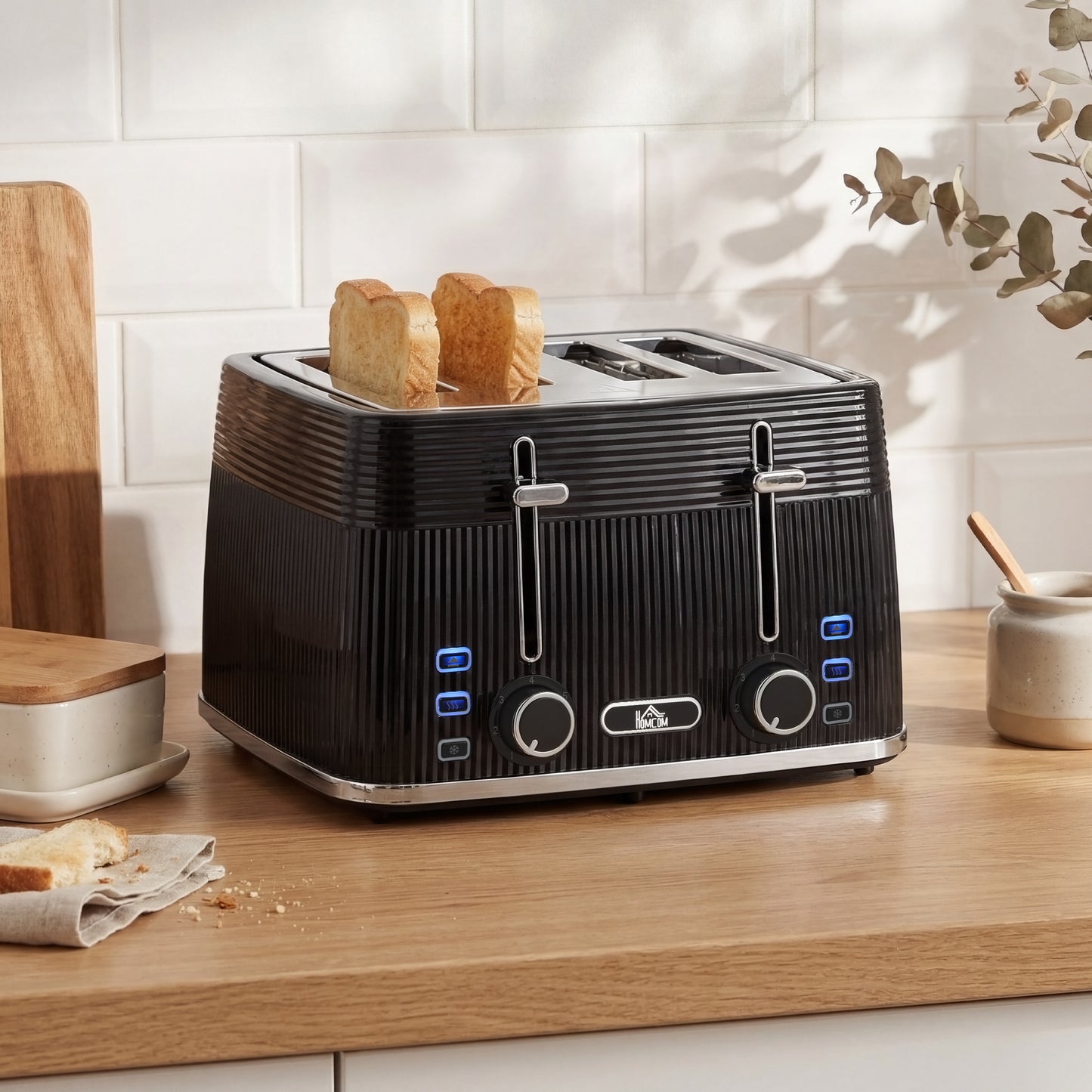 HOMCOM 4 Slice Toaster With 7 Browning Levels Dual Controls Removable Crumb Tray Black