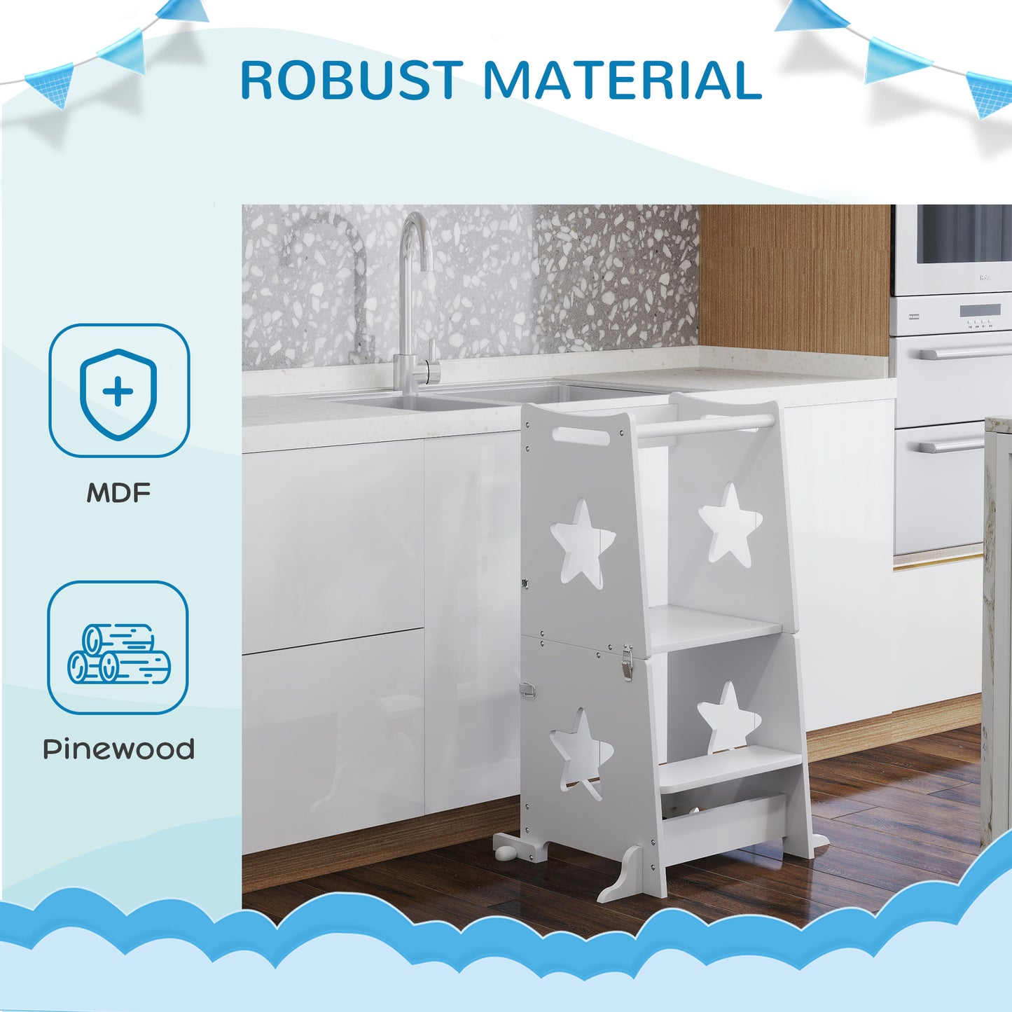 AIYAPLAY 2 In 1 Toddler Step Stool With Safety Rail For Kitchen And Bathroom White