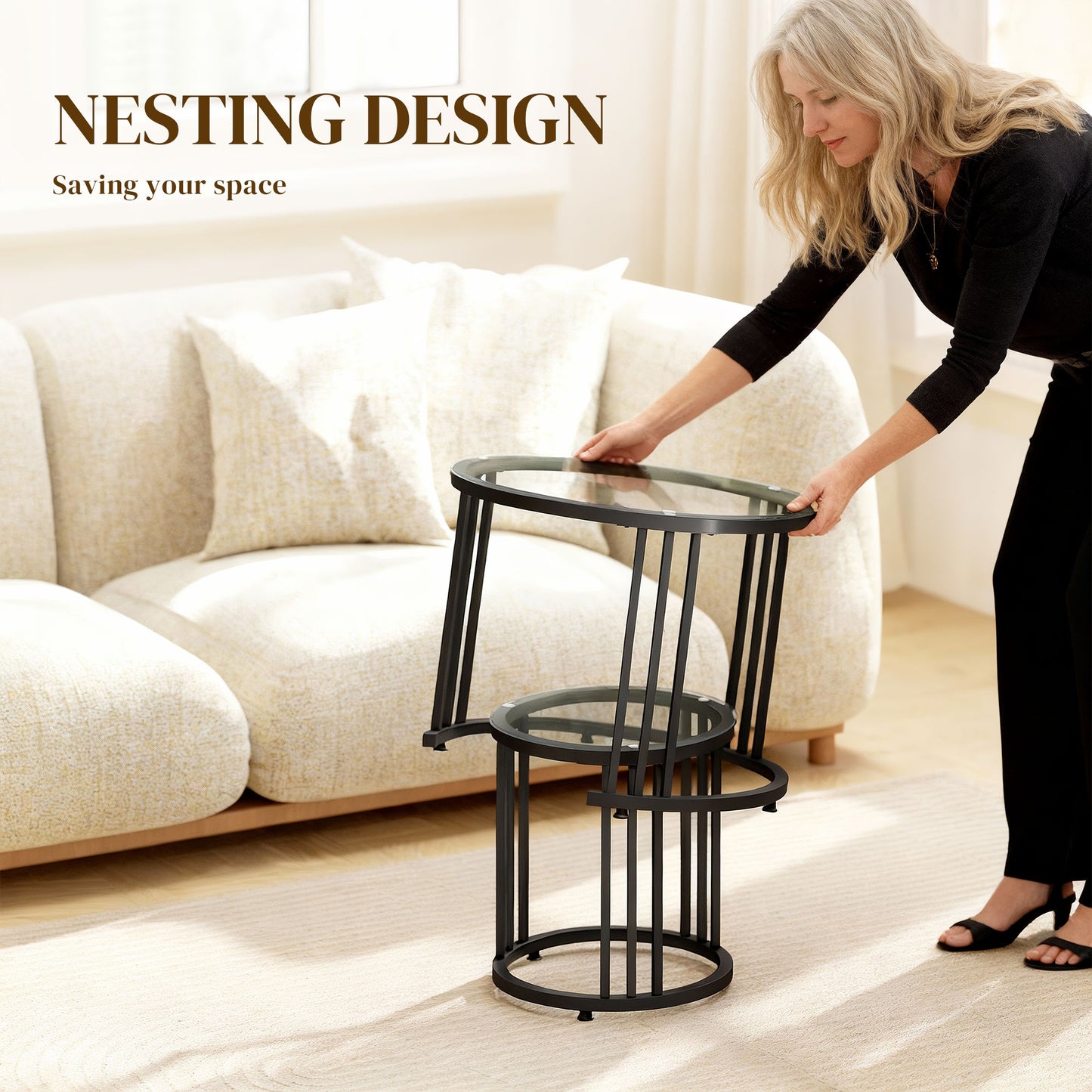 HOMCOM Round Coffee Tables Set of 2 Nesting Tables With Tempered Glass Tops And Steel Frame In Black