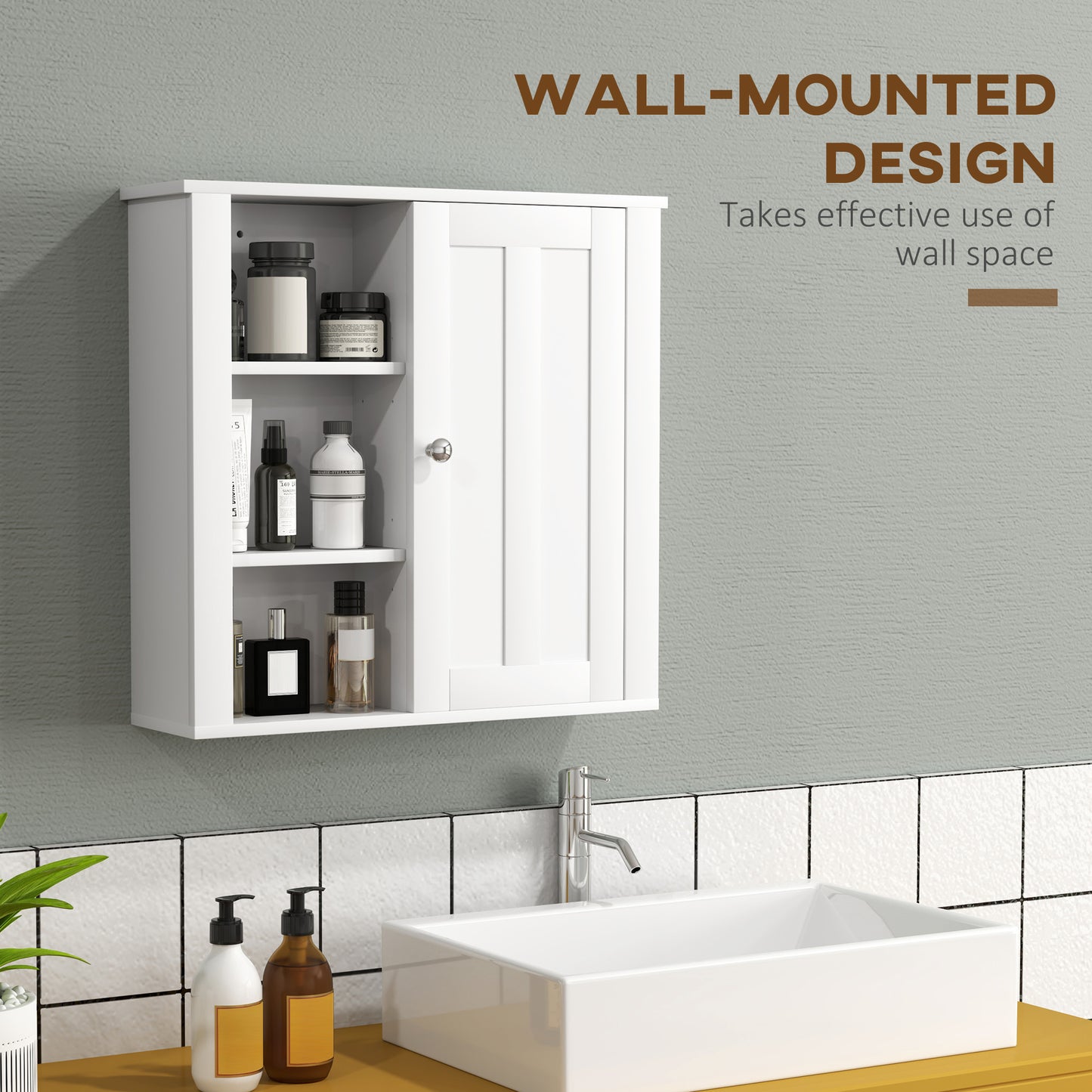 HOMCOM Wall Mounted Bathroom Storage Cabinet White With Two Shelves And Three Open Side Shelves