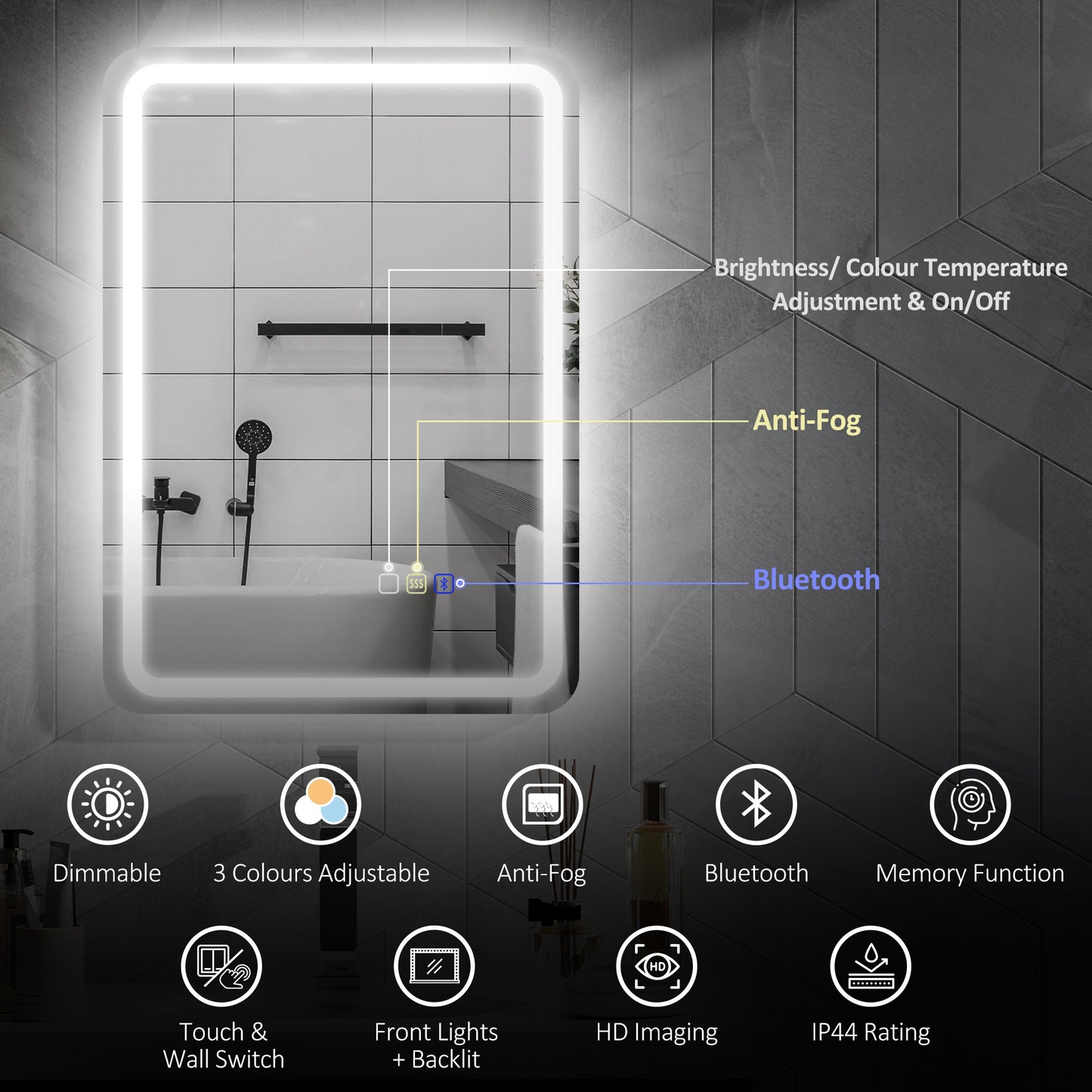 HOMCOM 70 x 50 cm Bluetooth Bathroom Mirror With 246 LED Edge Lighting Silver Tone