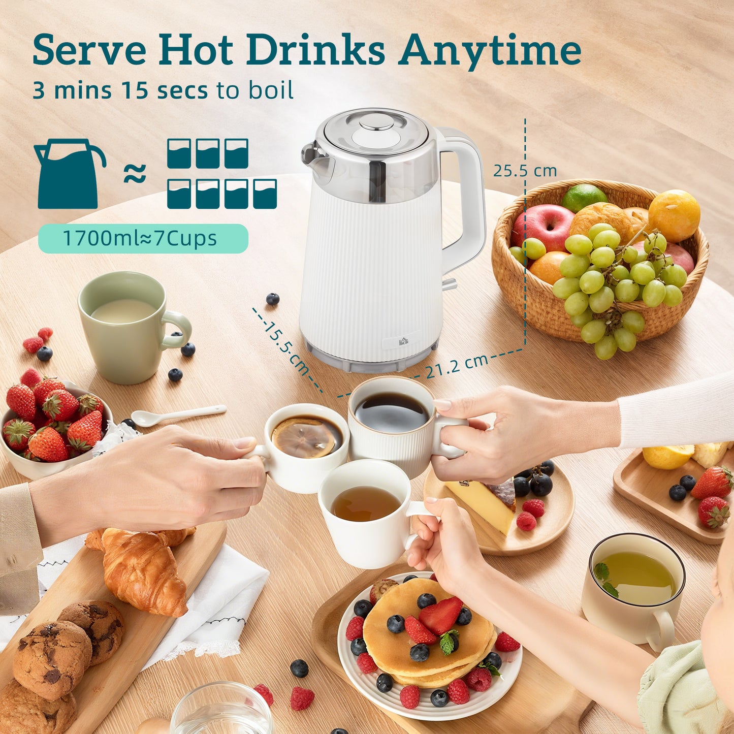 HOMCOM Kettle And Toaster Set 3000W 1.7L UK Strix Thermostat Limescale Filter 4 Slice Toaster 7 Browning Levels White
