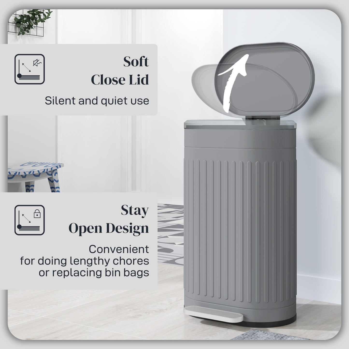 30L Grey Pedal Bin with Fingerprint-Proof Finish, Soft-Close Lid, and Removable Inner Bucket