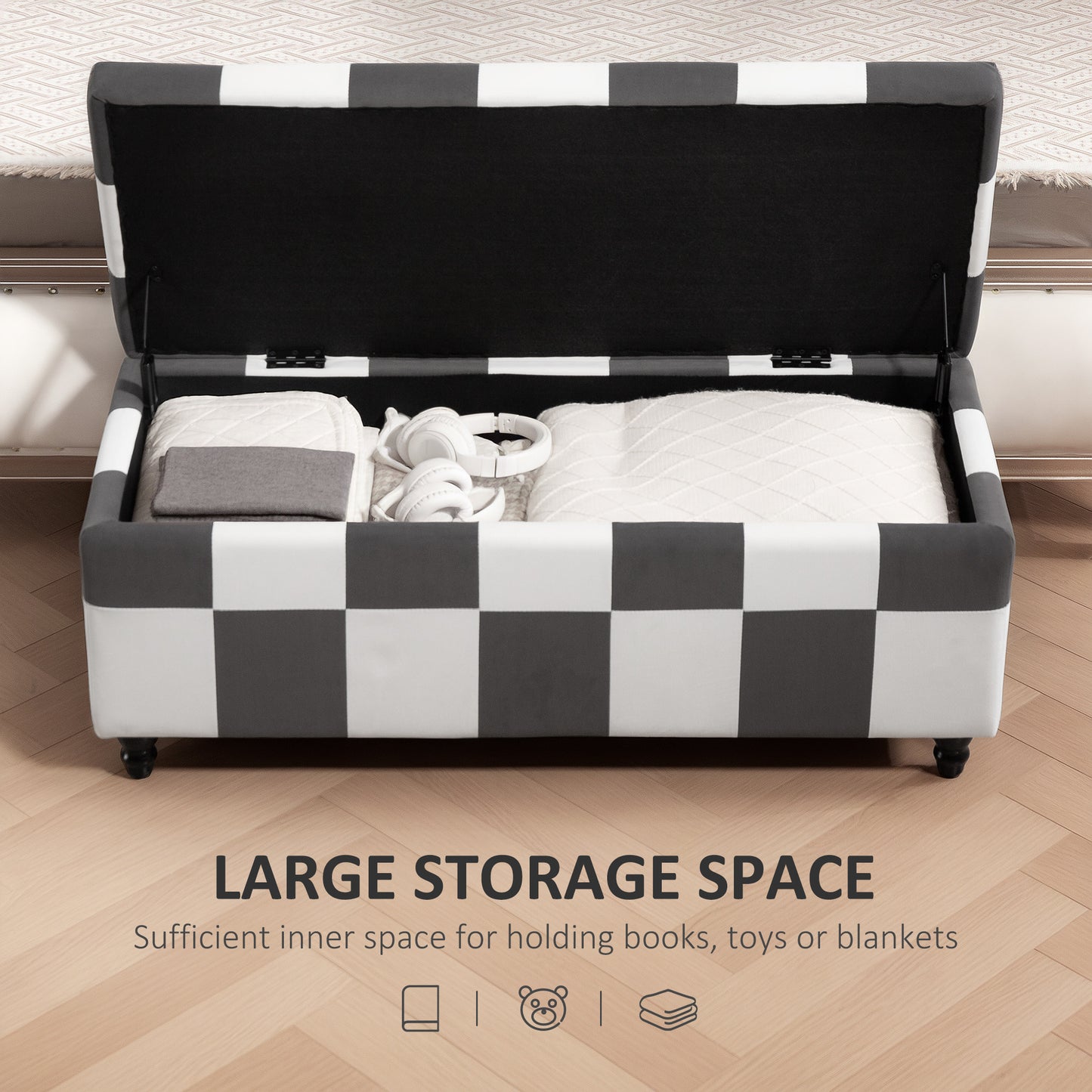 HOMCOM Storage Ottoman Bench With Wood Legs Velvet Surface Dark Grey White 114 x 47 x 47 cm