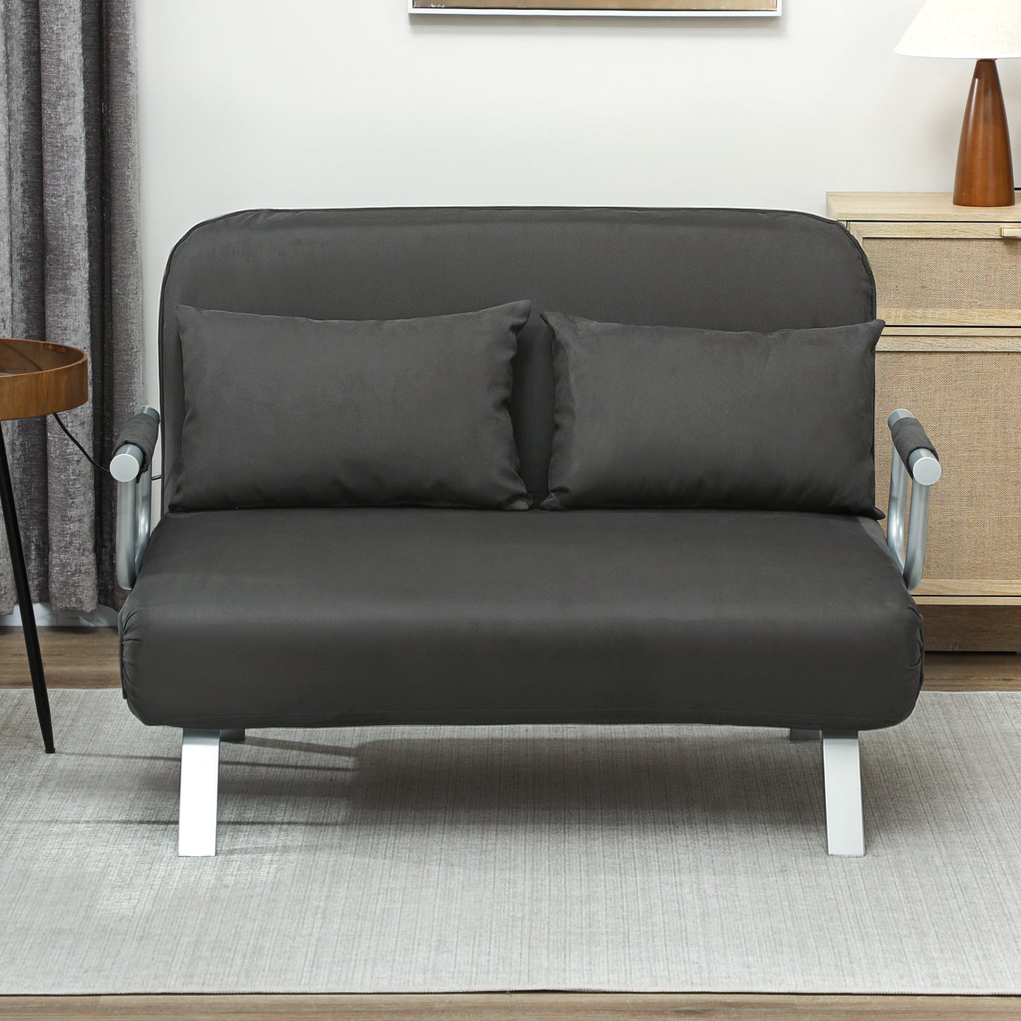 HOMCOM Two Seater Click Clack Sofa Bed Charcoal Grey Faux Suede Upholstery With Five Position Adjustable Back