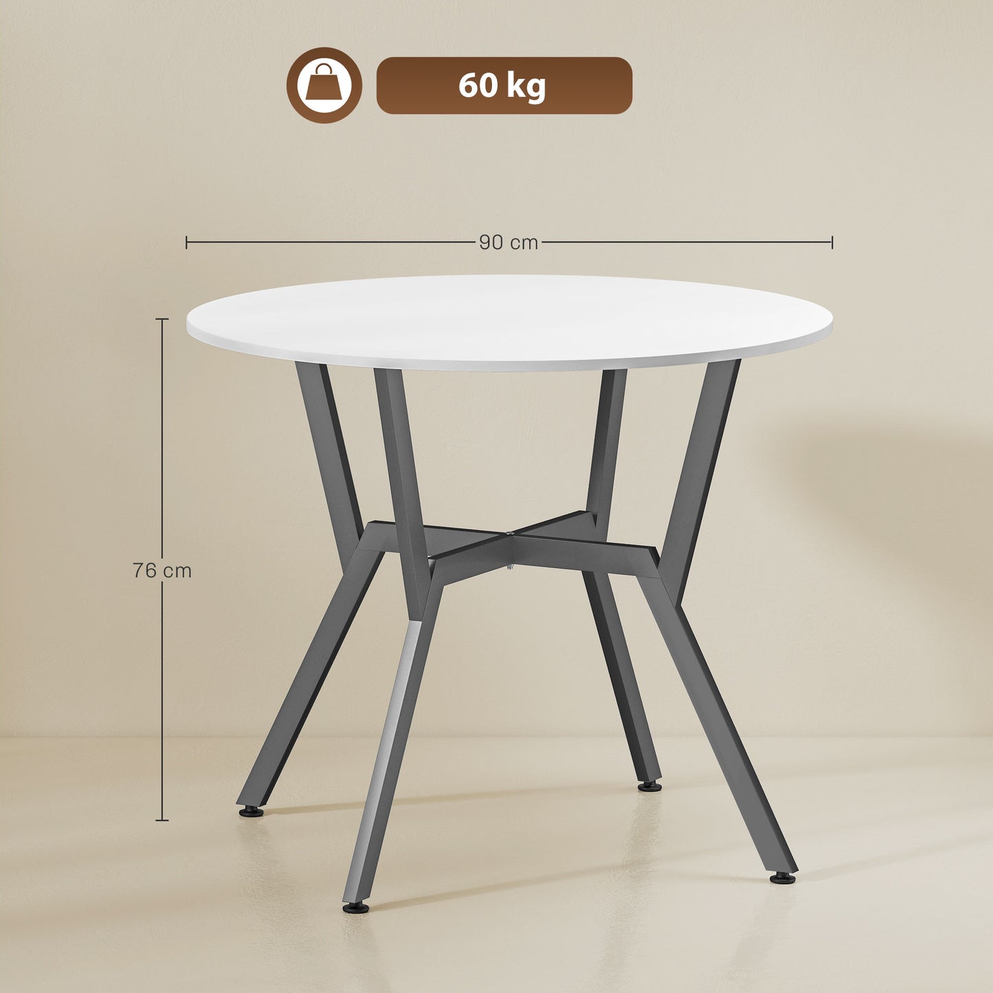 HOMCOM Round Dining Table With Black Metal Legs 90 By 76 cm High Gloss White For Living Room And Dining Room