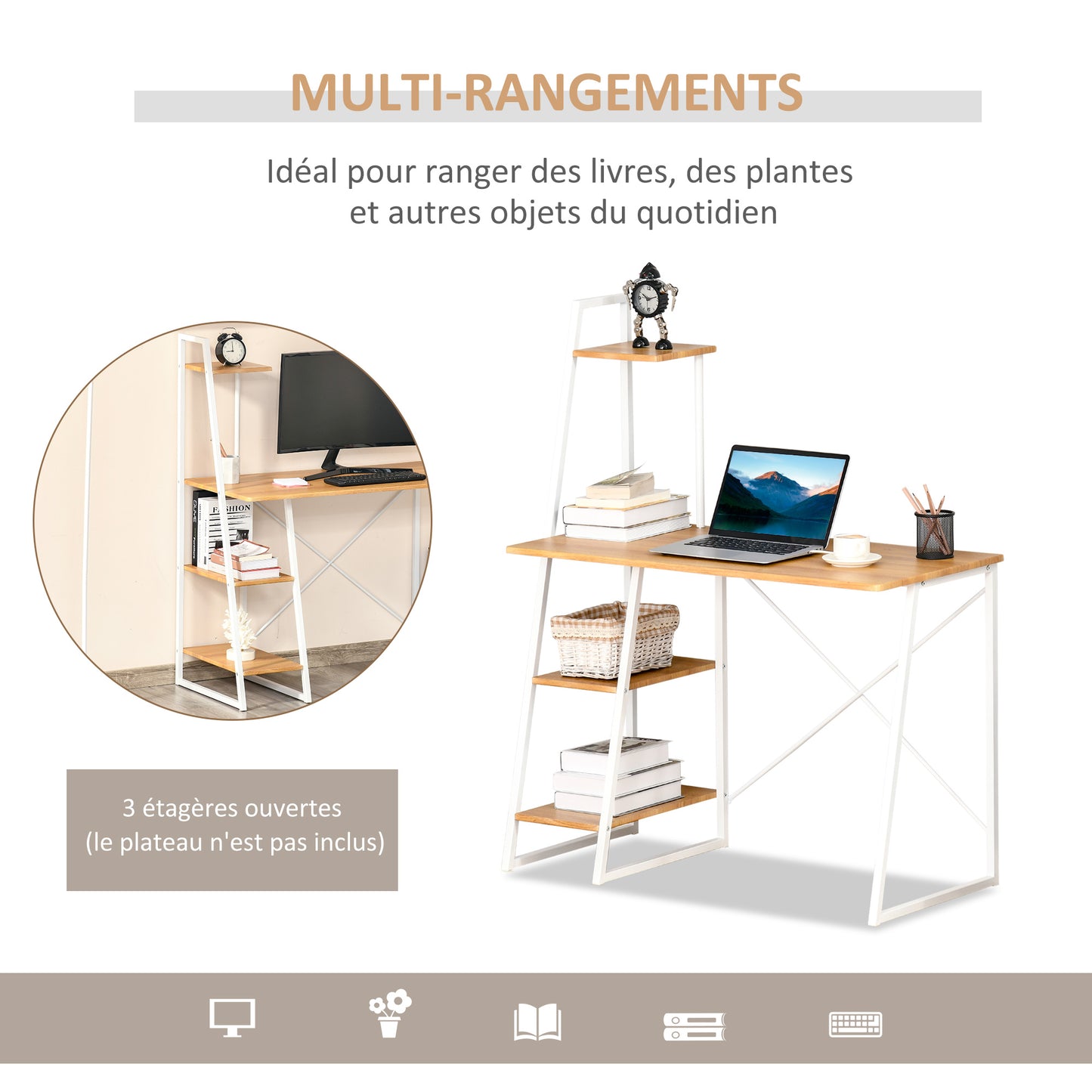 HOMCOM Compact Natural Wood Home Office Desk with 3-Tier Shelving for Small Spaces - ALL4U RETAILER LTD