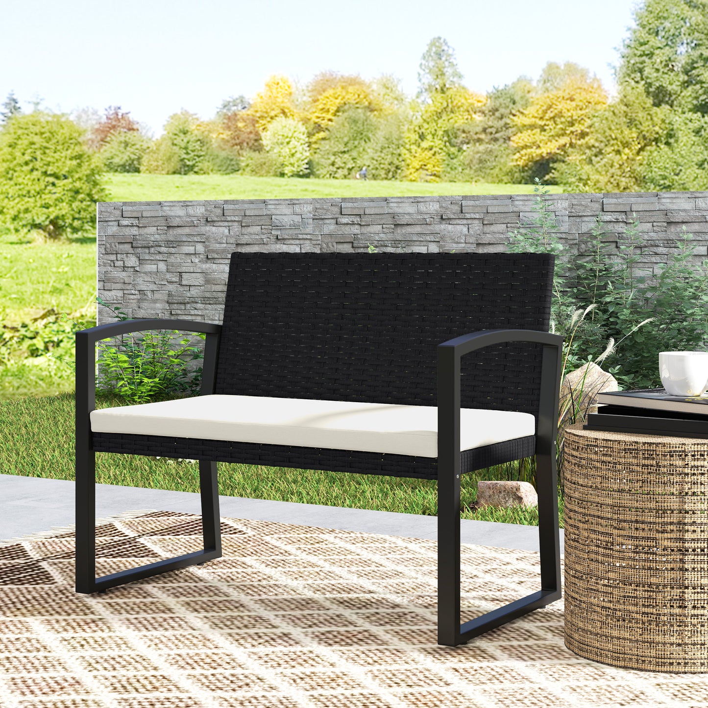 Outsunny Two Seater Rattan Garden Bench Beige Cushioned Seat With Powder Coated Steel Frame