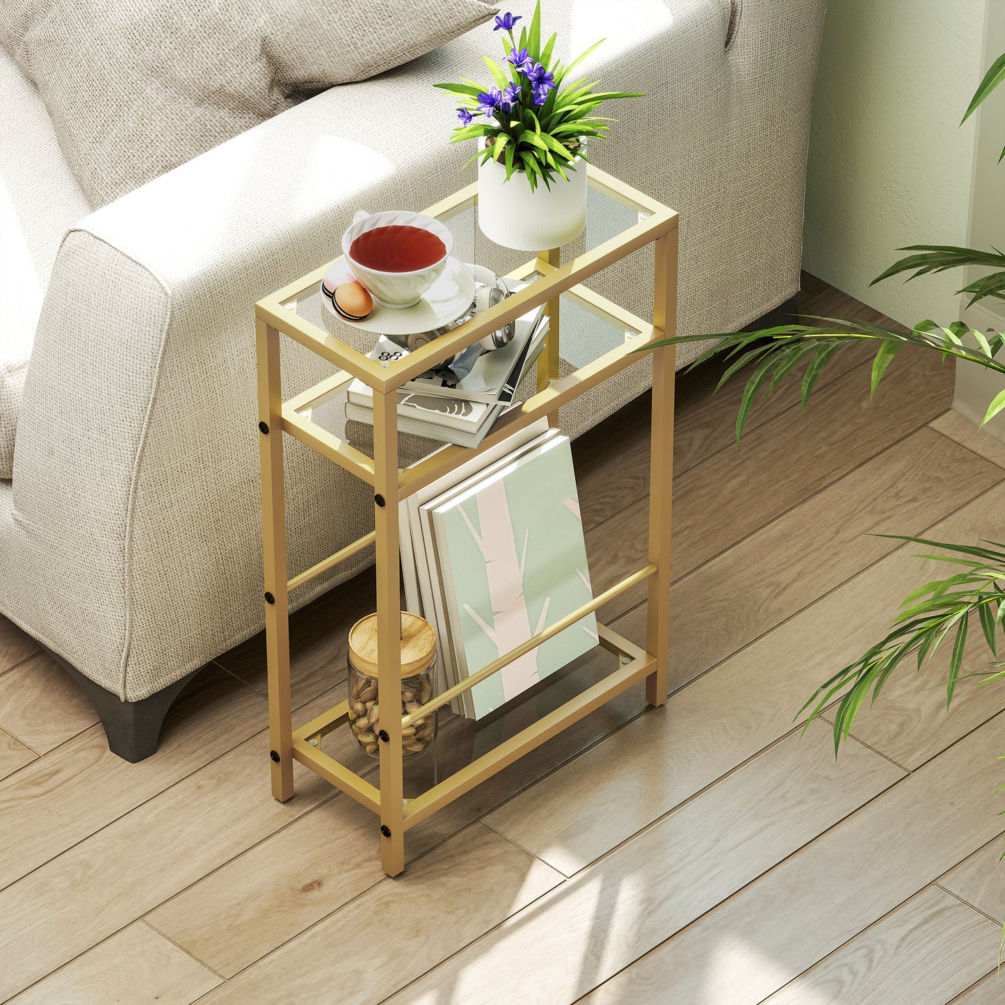 HOMCOM 3-Tier Slim Side Table 18 Cm Wide With Storage Shelf And Tempered Glass Top For Small Spaces Gold Tone