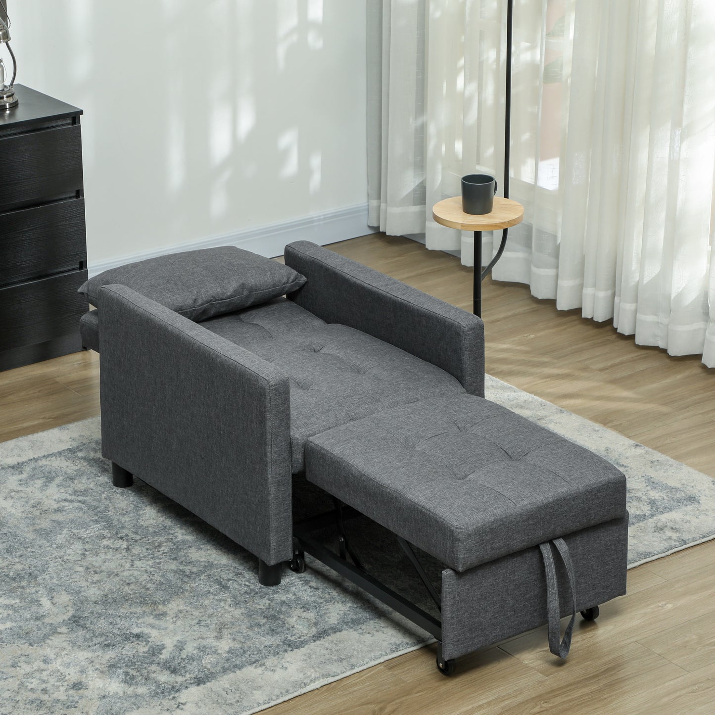 HOMCOM 3-In-1 Convertible Sleeper Chair Bed With Adjustable Backrest Pillow And Footrest For Living Room Dark Grey