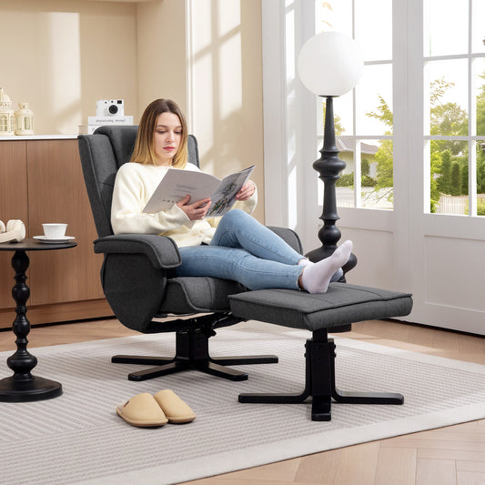 HOMCOM Swivel Recliner Chair With Footstool Charcoal Grey Linen 135 Degree Recline For Living Room And Fireside Comfort