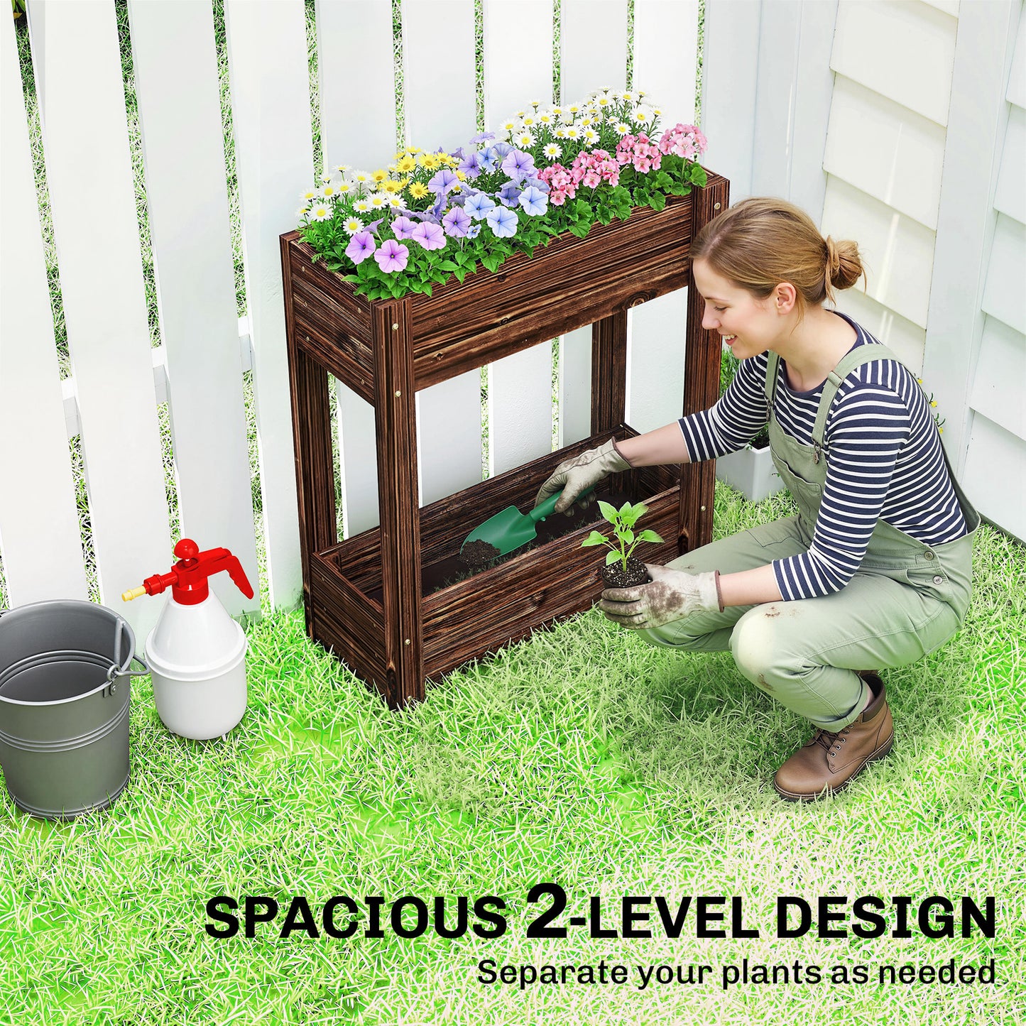 Outsunny 2 Tier Wooden Raised Planter Bed On Legs With Drainage Holes And Bed Liner Elevated Garden Planter