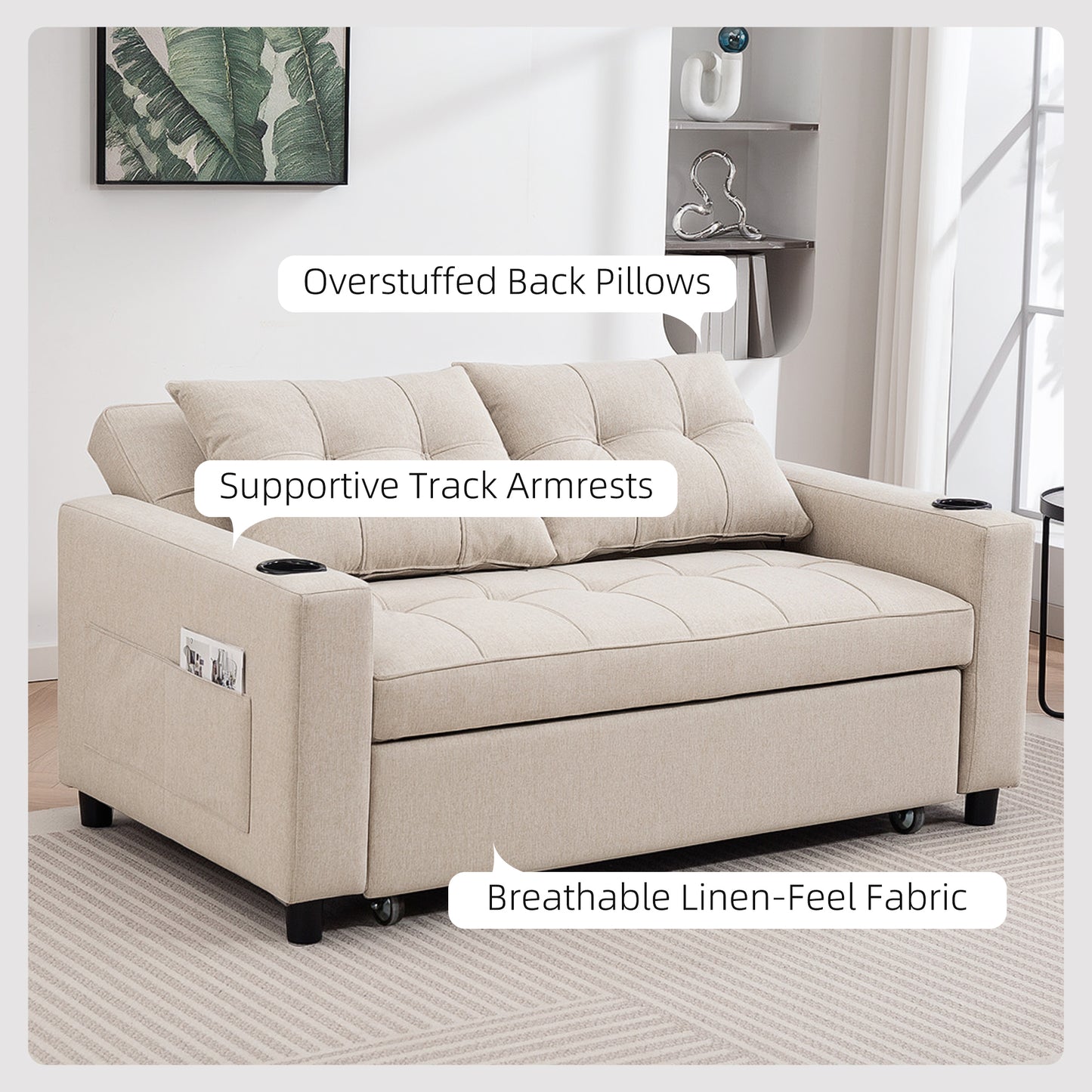 HOMCOM Two Seater Pull Out Sofa Bed Beige For Living Room Convertible Sofa Bed With High Density Foam