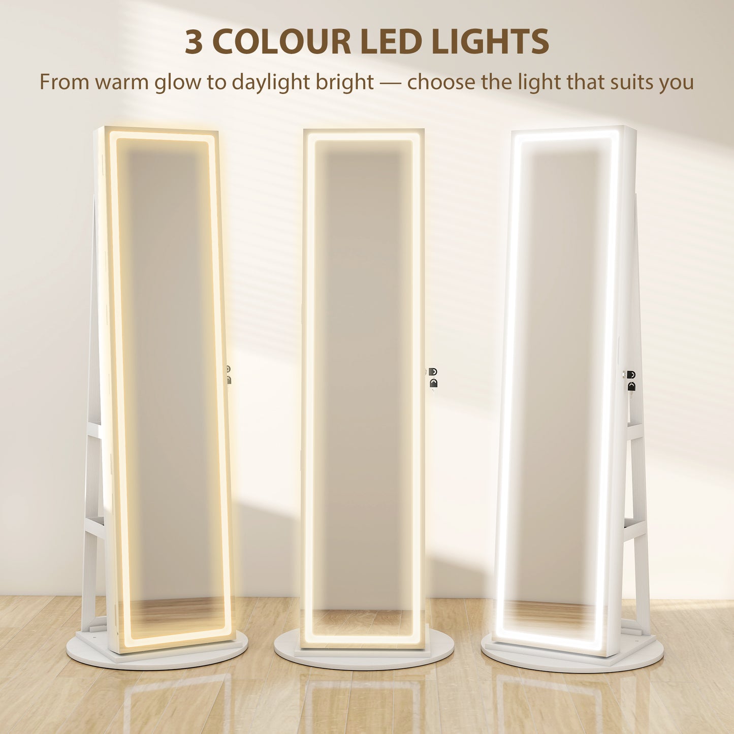 HOMCOM Jewellery Cabinet With Mirror And Lights White Finish 78 Ring Slots 108 Earring Slots 36 Necklace Hooks