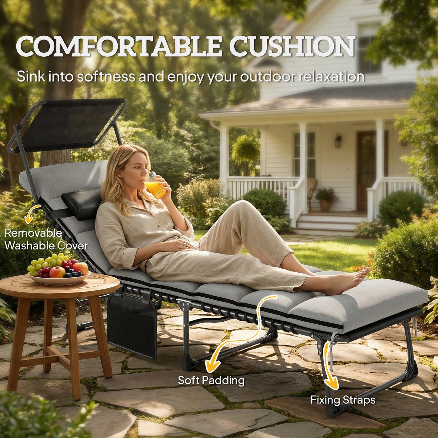 Outsunny Folding Sun Lounger With Canopy, Reclining Sunbed With Cushion And Side Pocket, Carrying Handle, Light Grey