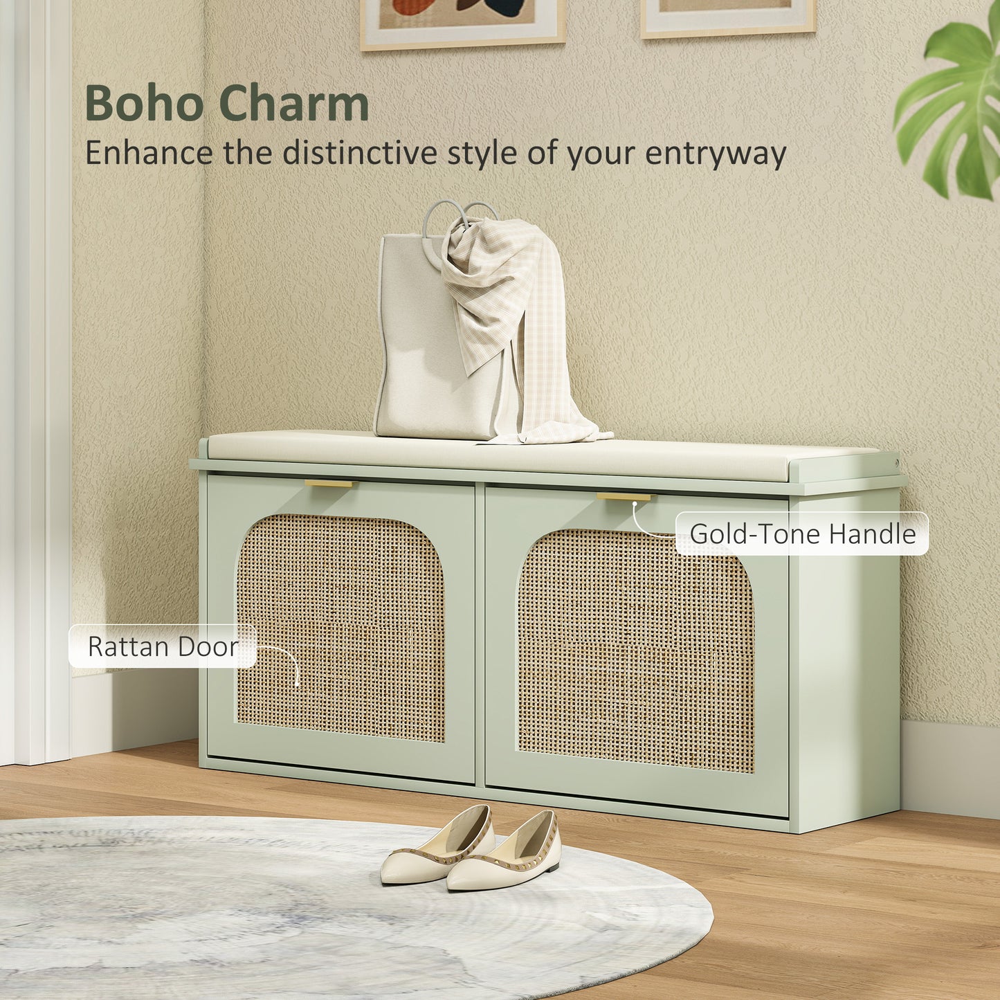 HOMCOM Boho Shoe Bench With Padded Seat And Two Flip Drawers For Entryway Organization In Light Green