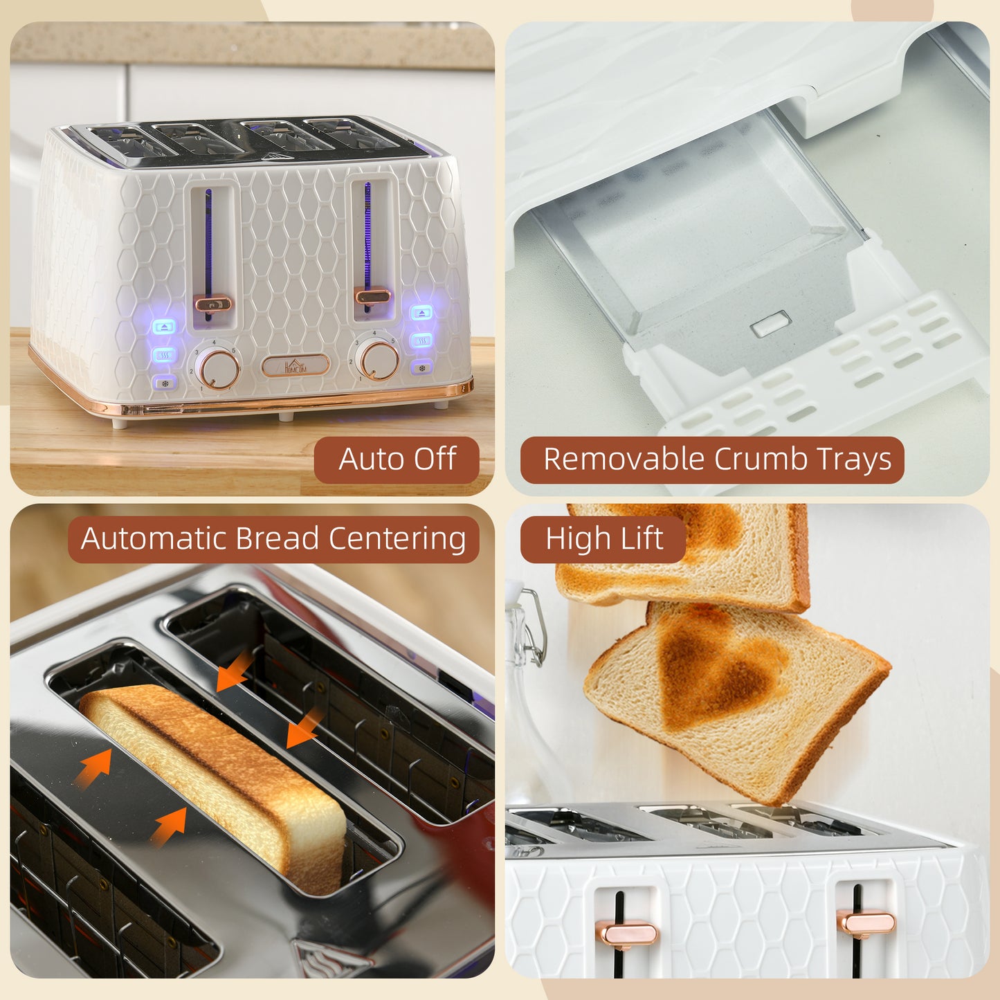 HOMCOM Four Slice Honeycomb Toaster White With 7 Toasting Levels Automatic Browning Countertop Kitchen Appliance