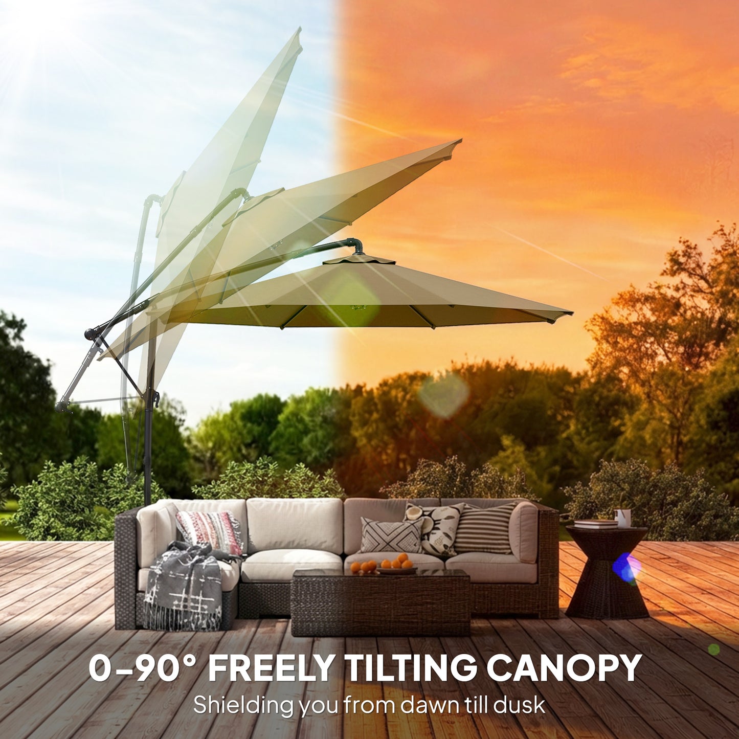 Outsunny 3 m Cantilever Garden Parasol With Cover Base 360 Degree Rotation Tilt Khaki Umbrella