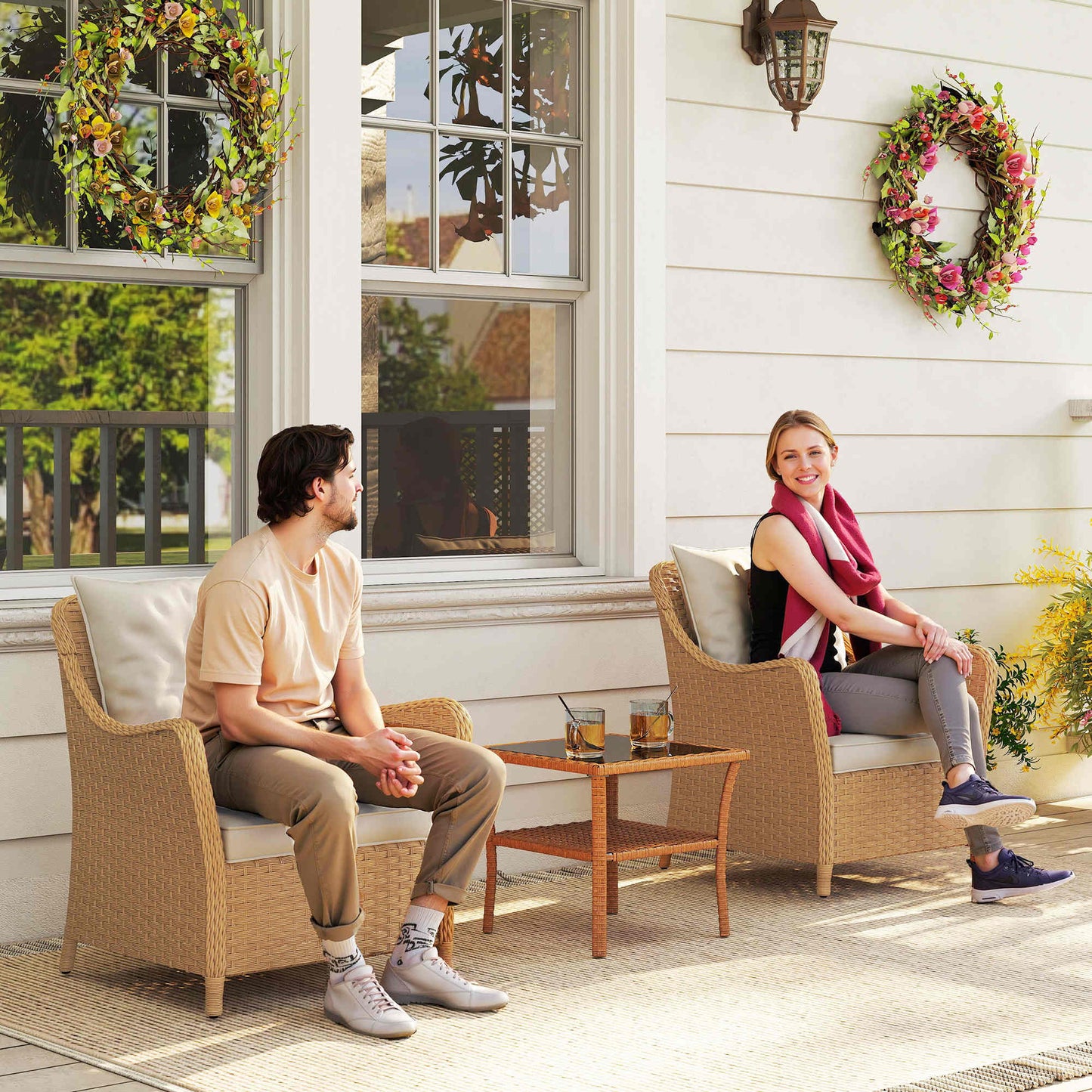 Outsunny Rattan Garden Chairs Set Of 2 With Cushions Armrests High Back PE Wicker Steel Frame For Balcony Porch Beige