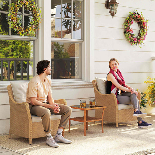 Outsunny Rattan Garden Chairs Set Of 2 With Cushions Armrests High Back PE Wicker Steel Frame For Balcony Porch Beige