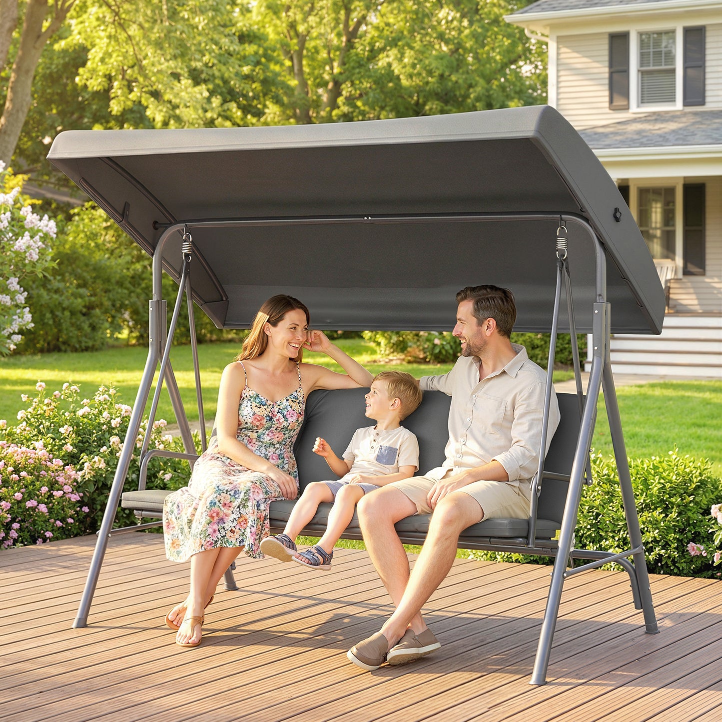 Outsunny 3 Seater Garden Swing Chair Tilting Canopy Patio Rocking Bench Steel Frame Removable Cushions Dark Grey