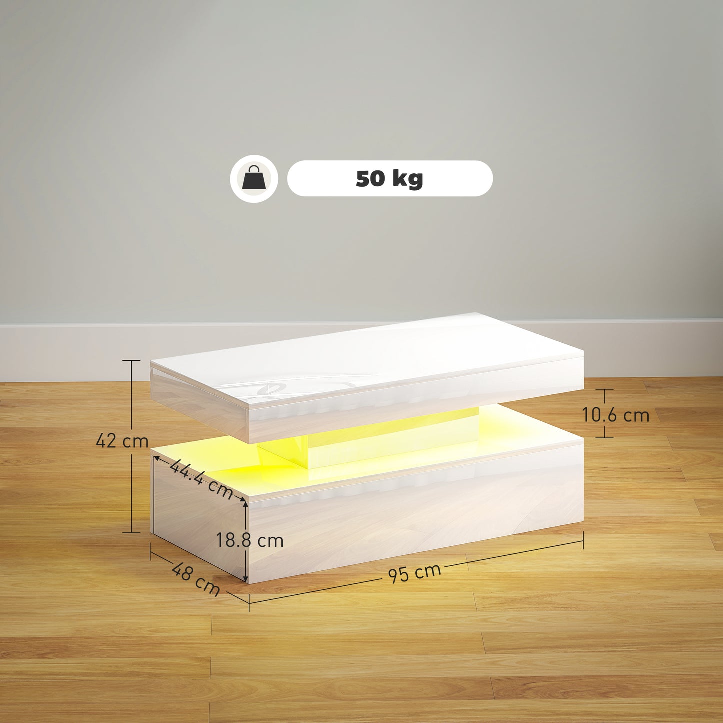HOMCOM LED Coffee Table With Storage High Gloss White Modern Minimalist Design With RGB Lighting