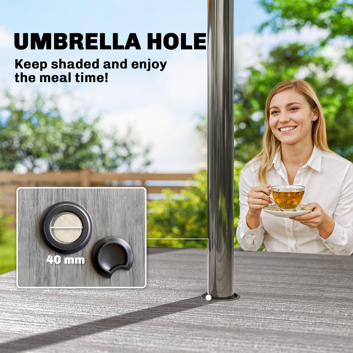 Outsunny Garden Dining Table For 4 With Umbrella Hole 85 Cm Square Faux Wood Top And Metal Legs Light Grey