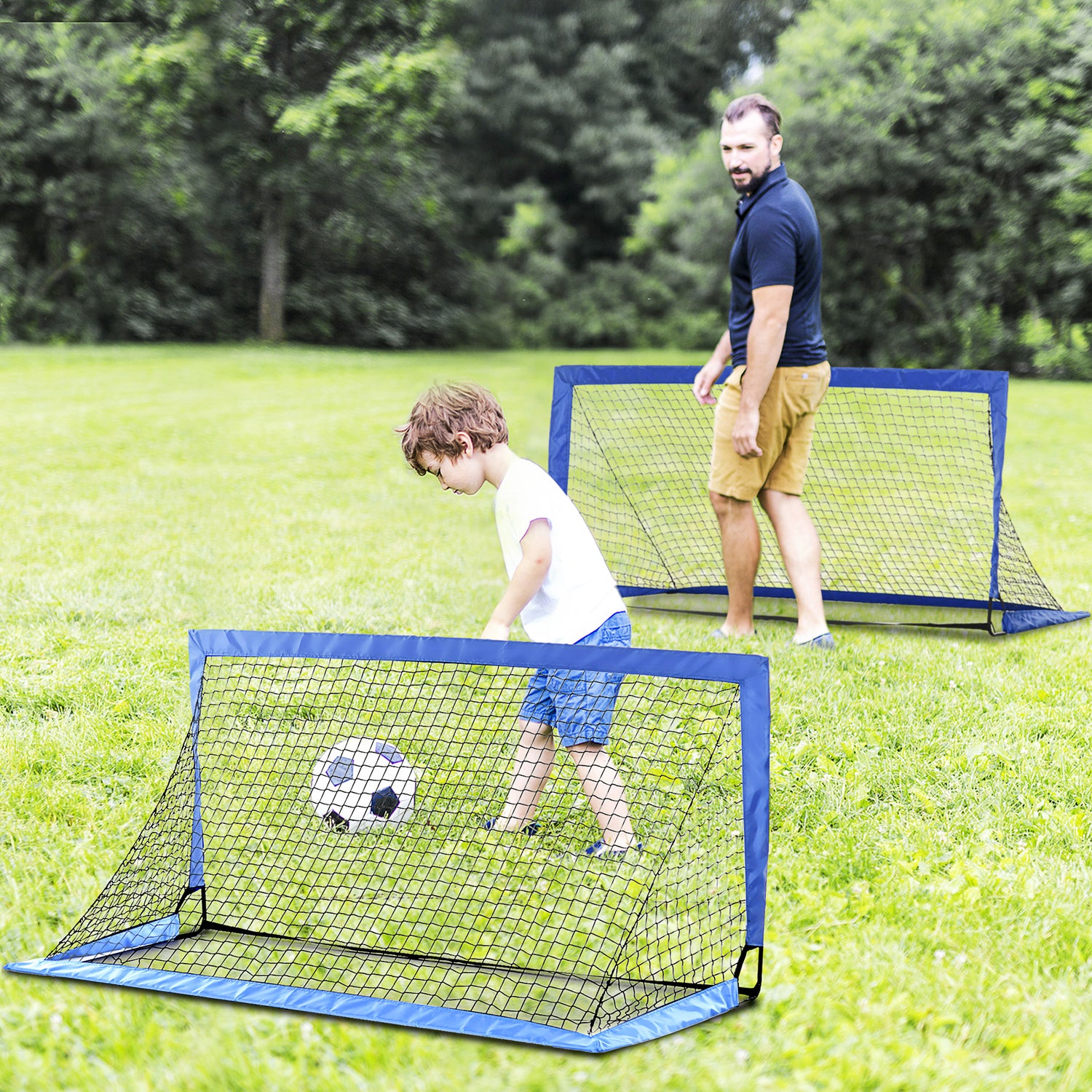 HOMCOM Portable Set of 2 Soccer Goal Nets 6 x 3 ft for Outdoor Training with Carry Bag - Blue - ALL4U RETAILER LTD