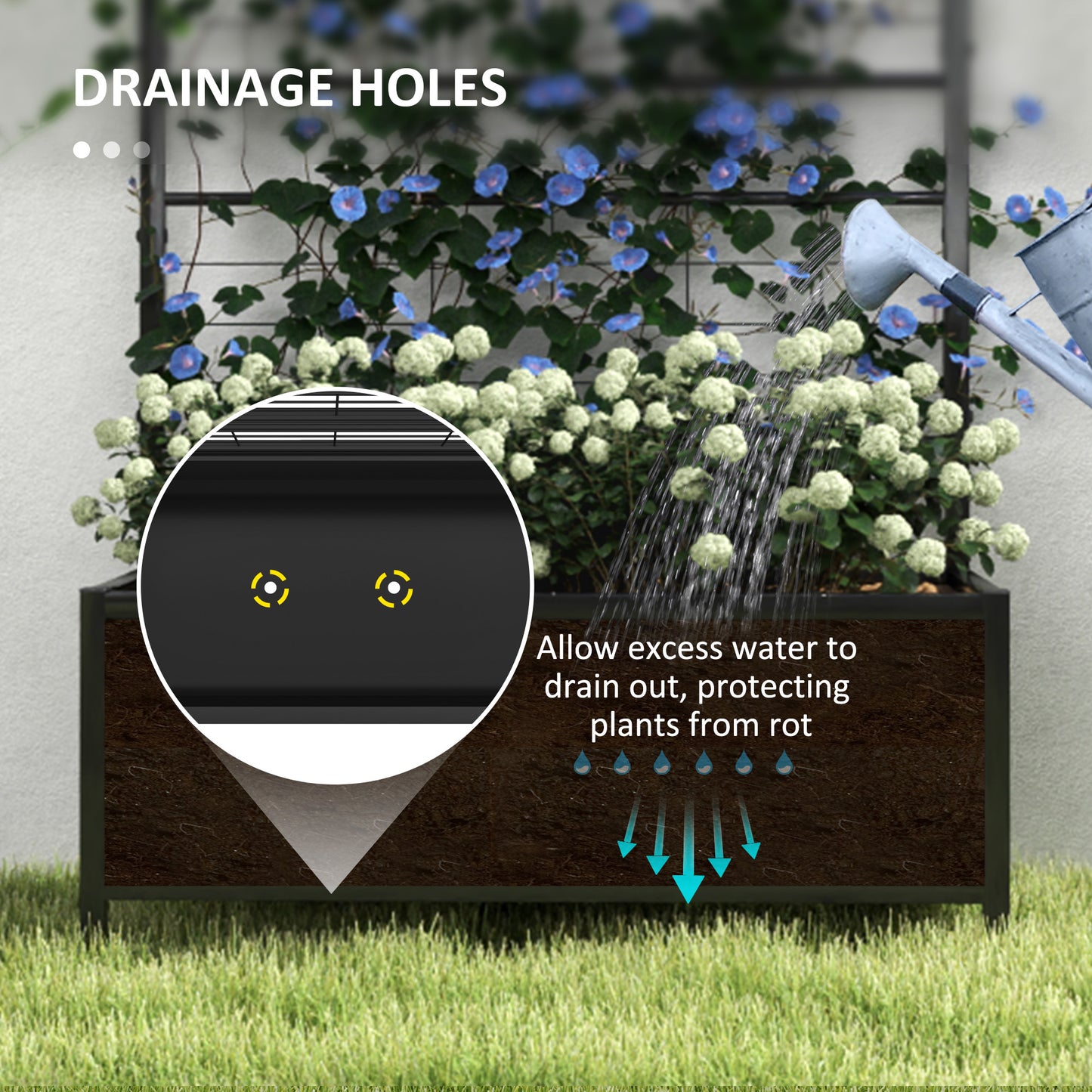 Outsunny Raised Garden Bed With Trellis Galvanised Planter Box Diamond Pattern Drainage Holes 90 x 40 x 120 cm Black