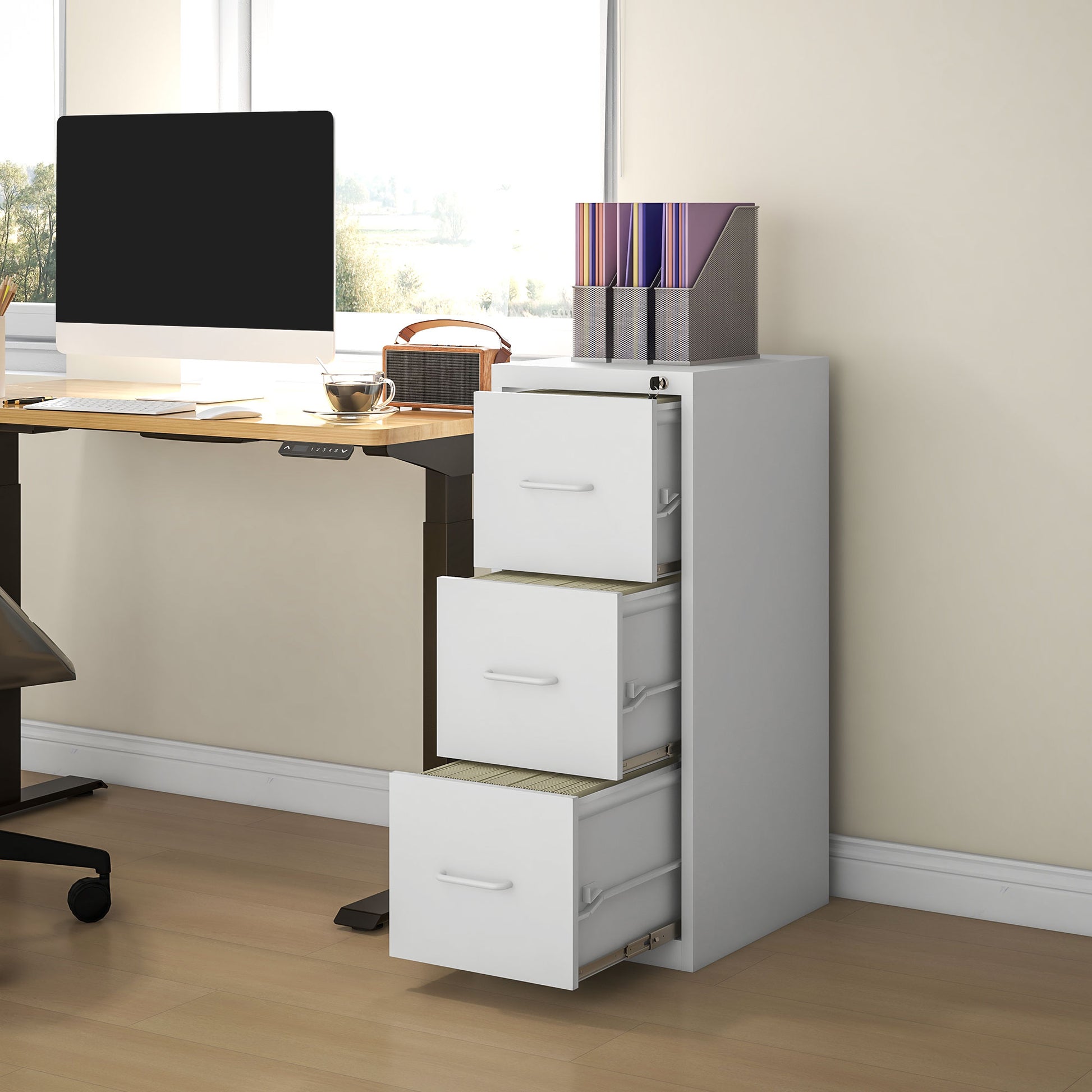 Modern White Steel Filing Cabinet with Three Drawers and Central Locking System - ALL4U RETAILER LTD