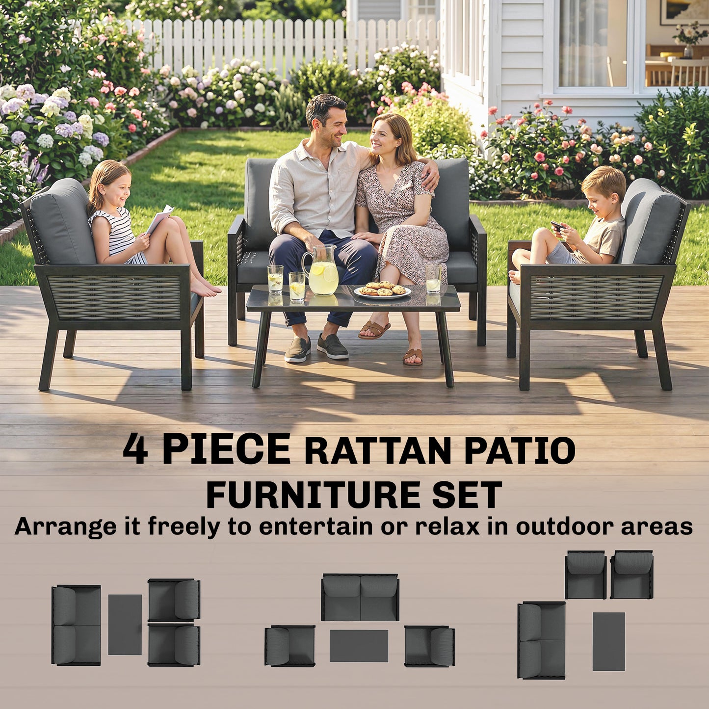 Outsunny 4 Seater Rattan Garden Furniture Set With 2 Armchairs Loveseat And Coffee Table Cushions Dark Grey