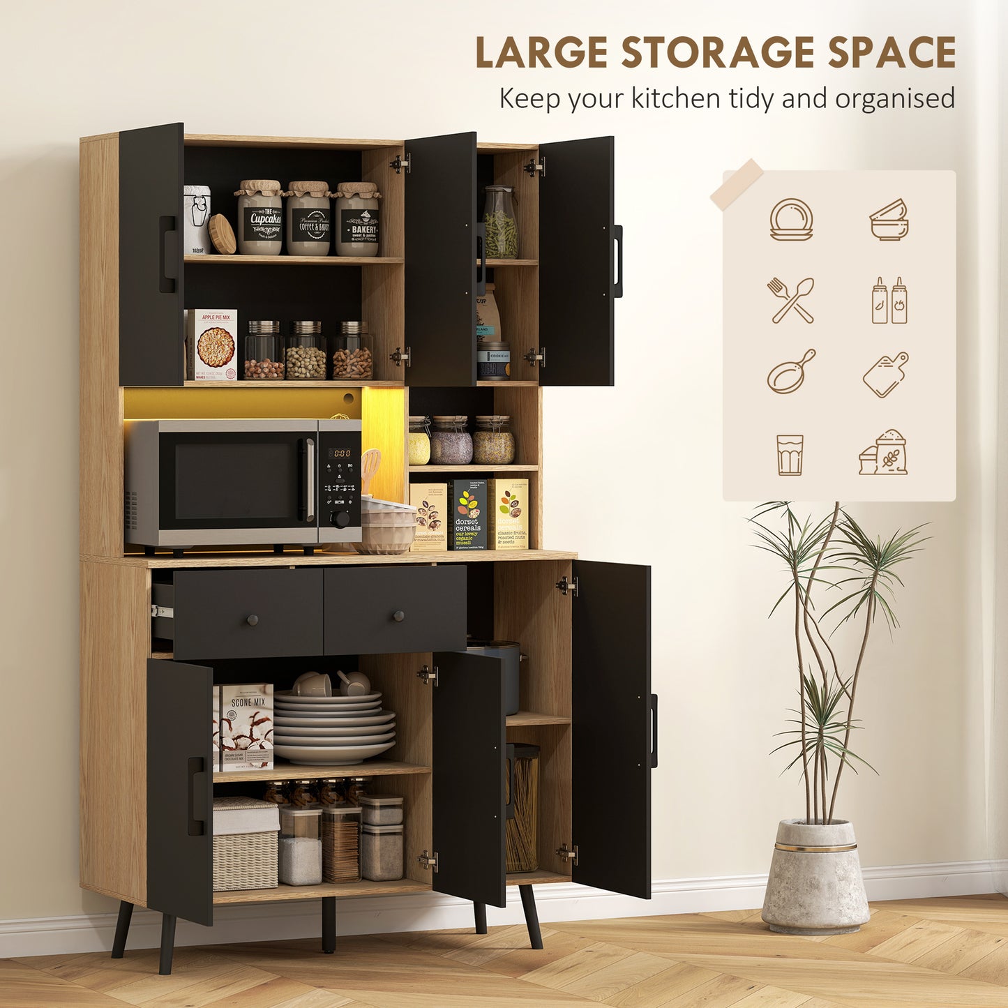 HOMCOM 176 Cm Kitchen Cupboard With LED Lights Oak And Black RGB Mood Lighting Over Sixty Thousand Colours
