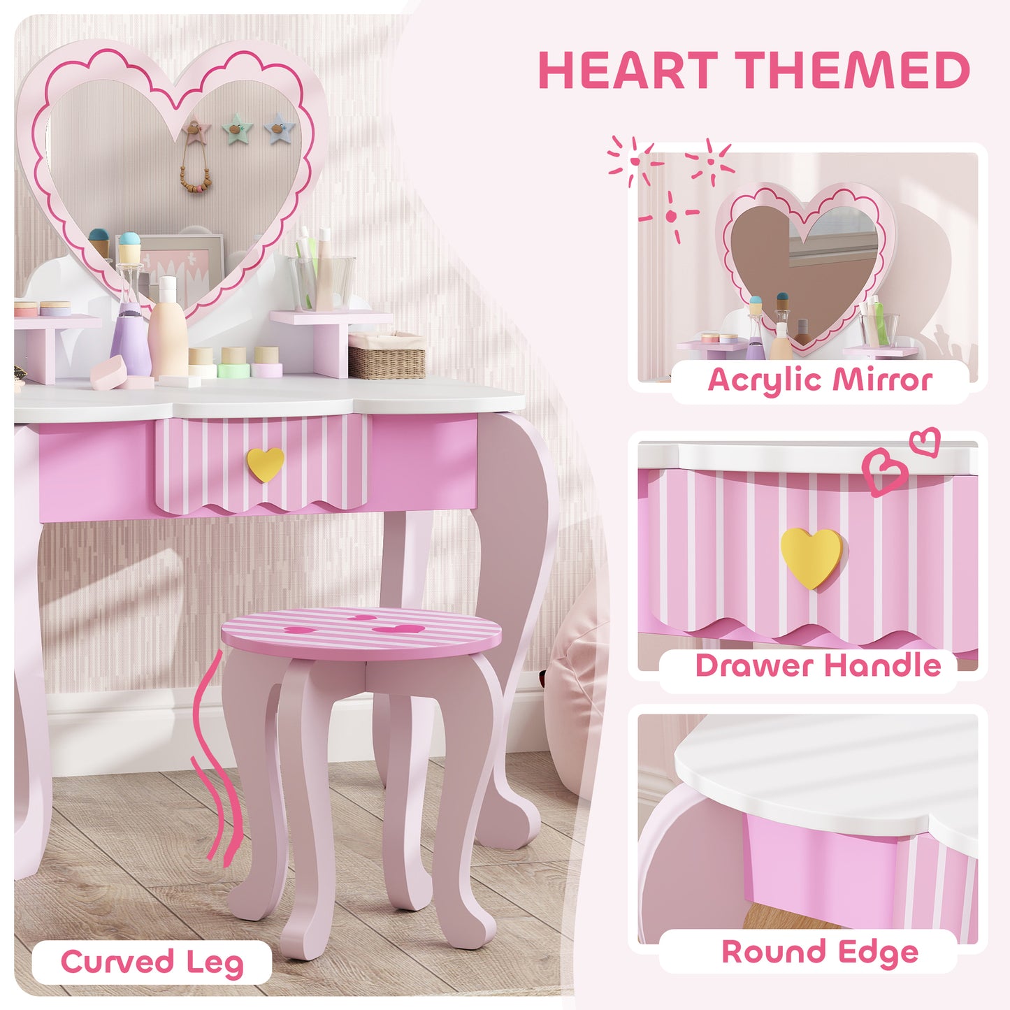AIYAPLAY Kids Vanity Dressing Table Set With Stool Mirror Drawer And Desktop Storage Heart Theme Pink