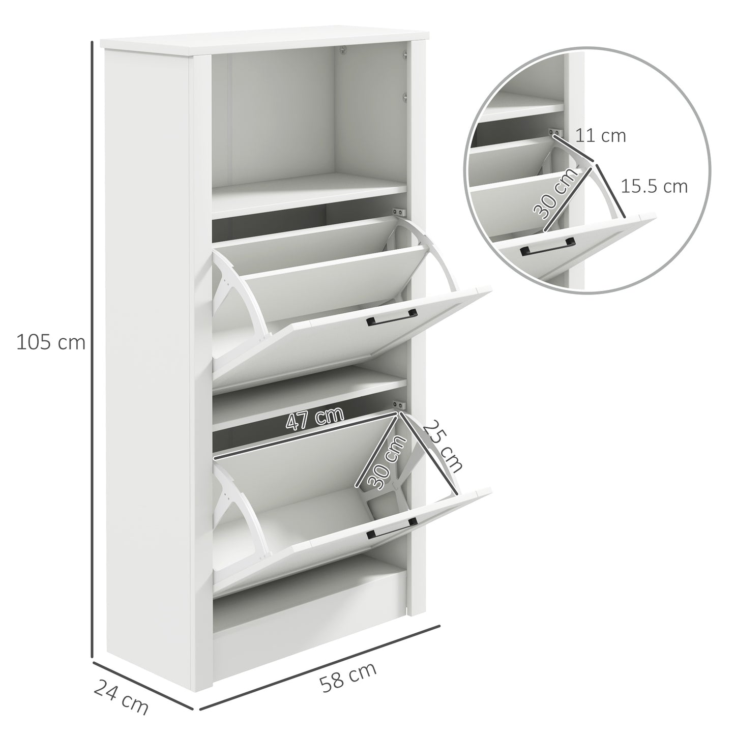 HOMCOM Modern Narrow Shoe Cabinet With 2 Flip Drawers And Adjustable Shelves, White, Holds 10 Pairs For Entryway Hallway