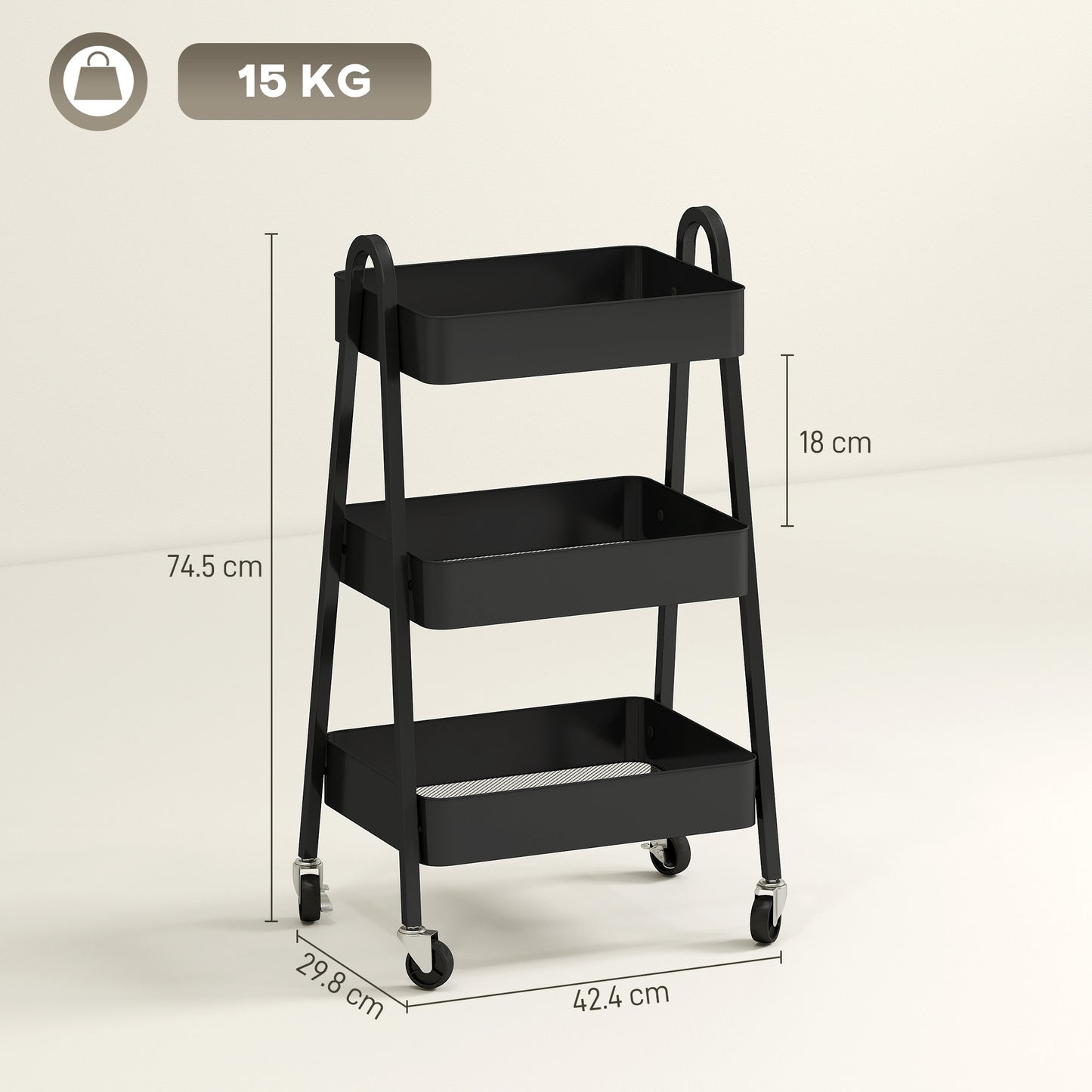 HOMCOM Three Tier Storage Trolley On Wheels With Mesh Bottom Trays For Kitchen Home Office Black