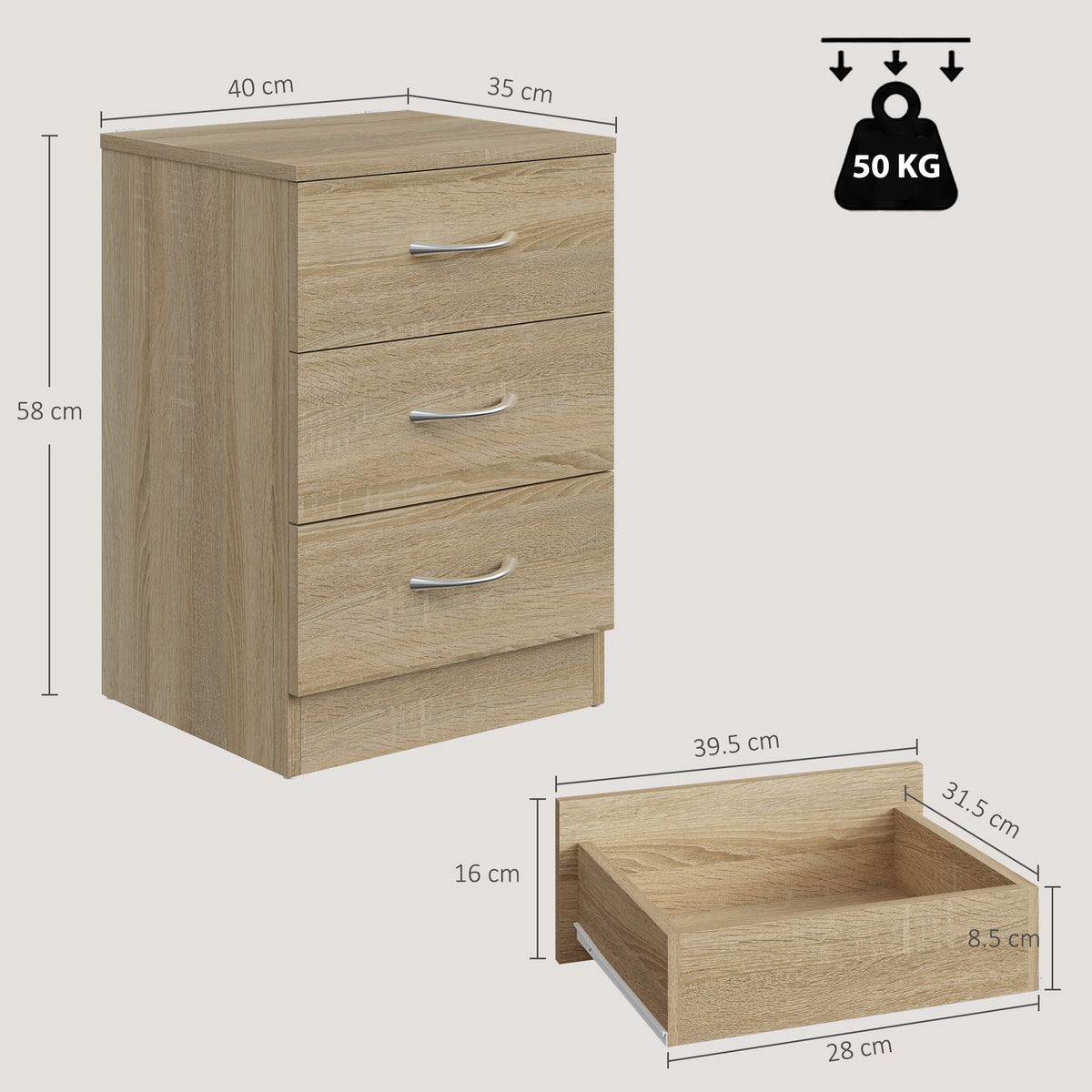 HOMCOM Oak Three Drawer Bedside Table Nightstand with Storage
