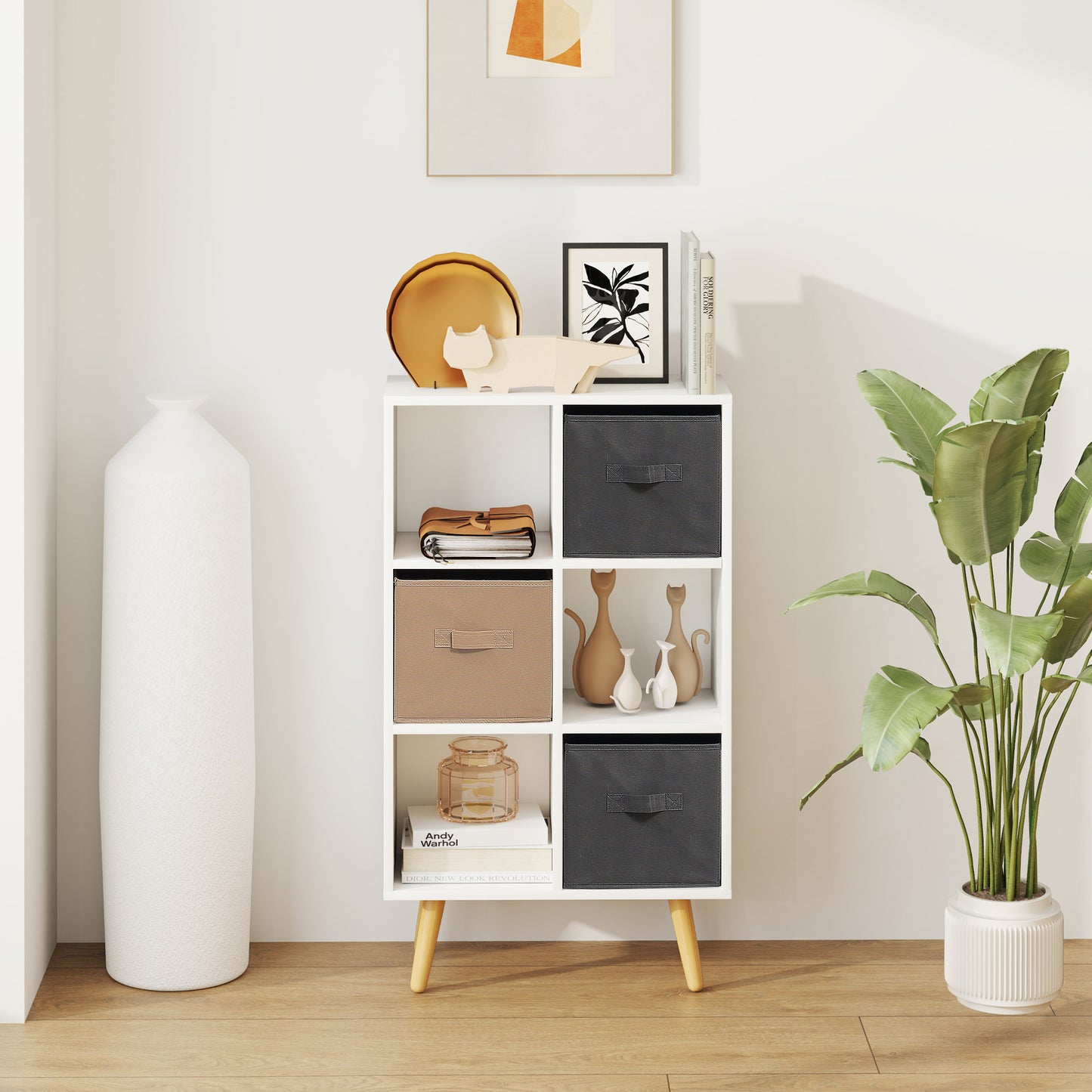 HOMCOM Freestanding 6 Cube Storage Cabinet With 3 Fabric Drawers And Open Shelves White Home Office