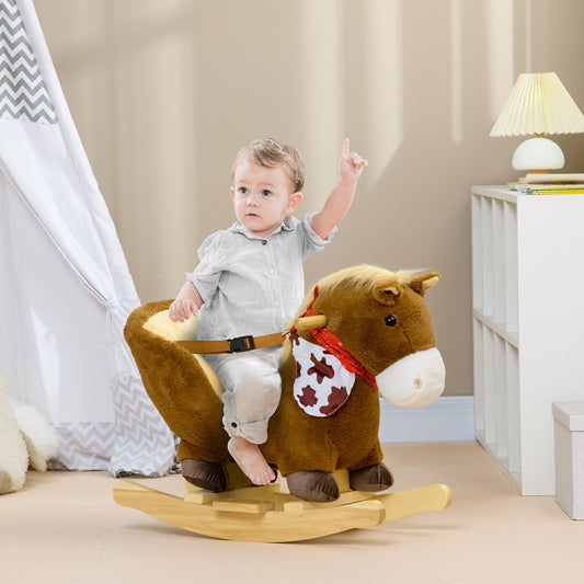 HOMCOM Kids Rocking Horse Plush Baby Rocking Chair Safety Harness Realistic Sound Foot Pedals Toddler 18-36 Months Brown - ALL4U RETAILER LTD