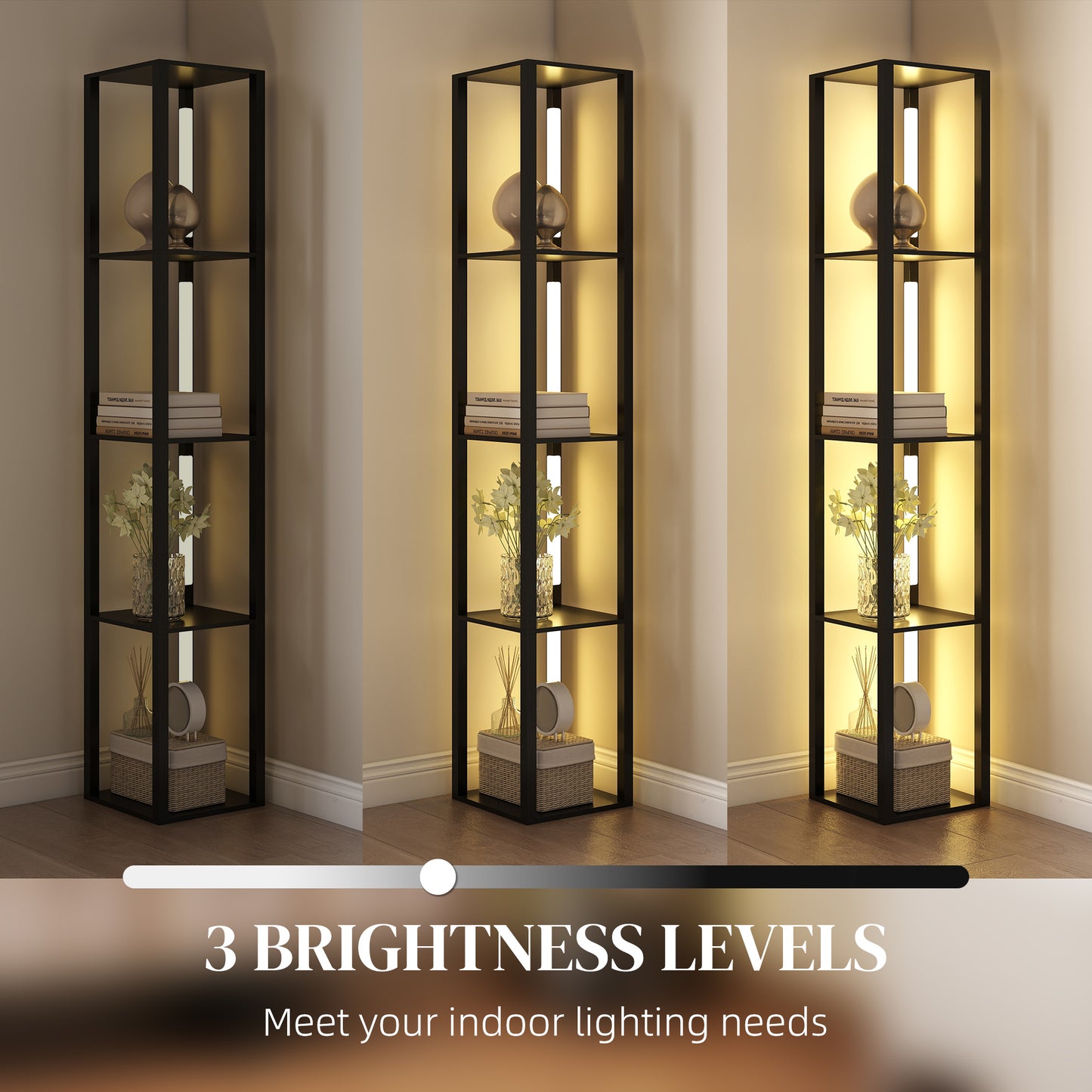 HOMCOM LED Floor Lamp With Shelves Modern Dimmable Standing Lamp With 3 Brightness Levels And Foot Switch Black